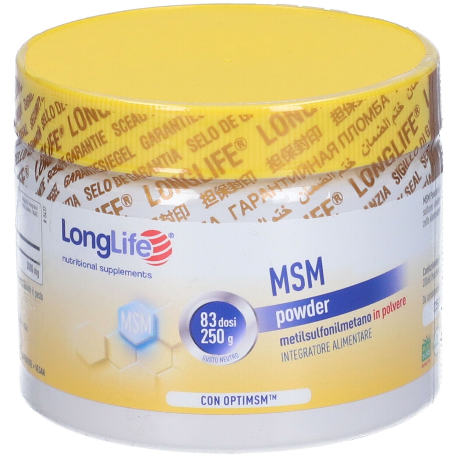 Barattolo bianco con coperchio giallo. Scritta: LongLife, MSM powder, 250 g, OptiMSM. Sigillo con testo multilingue.