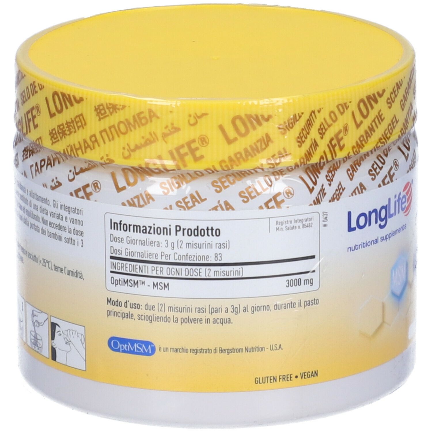 Retro del barattolo con coperchio giallo. Scritta: Informazioni sul prodotto, dosaggio, ingredienti, OptiMSM, senza glutine, vegano.