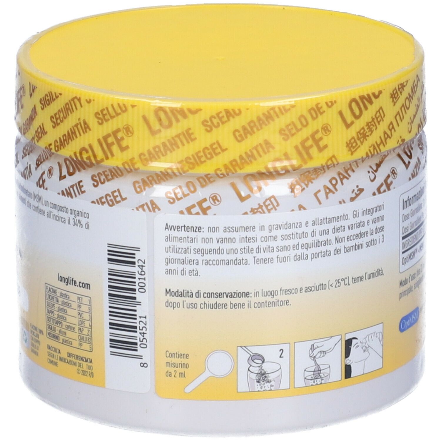 Retro del barattolo con coperchio giallo. Scritta: Avvertenze, istruzioni per l'uso, senza glutine, vegano.