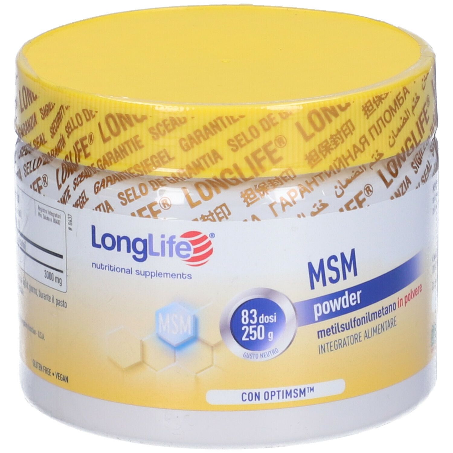 Barattolo bianco con coperchio giallo. Scritta: LongLife, MSM powder, 250 g, OptiMSM, senza glutine, vegano.