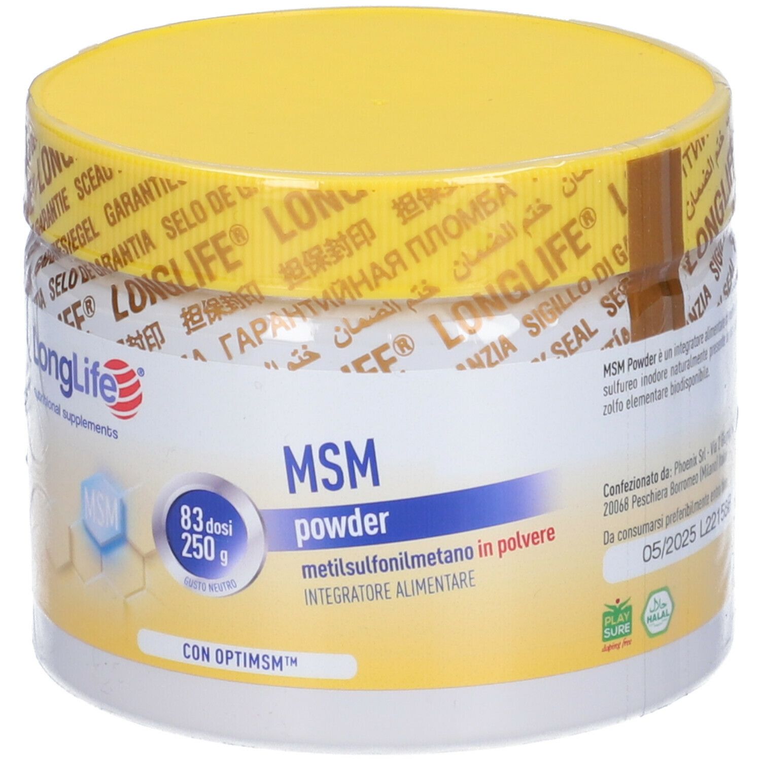 Barattolo bianco con coperchio giallo. Scritta: LongLife, MSM powder, 250 g, OptiMSM. Scadenza: 05/2025.