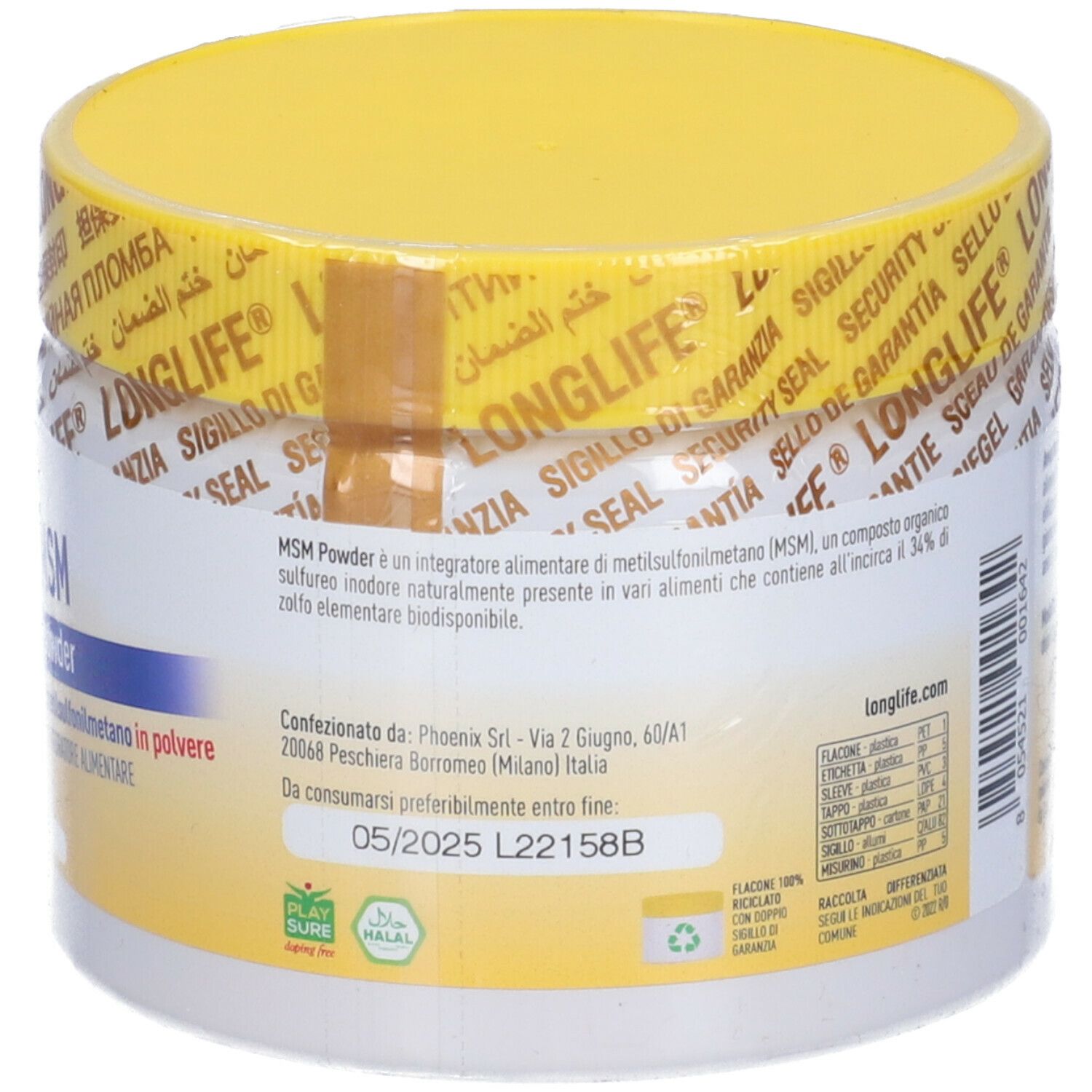 Retro del barattolo con coperchio giallo. Scritta: MSM Powder, informazioni produttore, scadenza: 05/2025, certificazione halal.