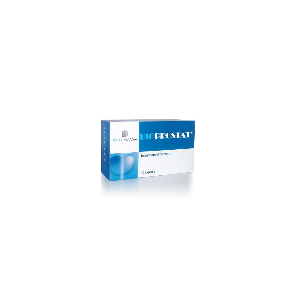 Scatola blu e bianca con "BIOPROSTAT" e "Integratore alimentare". Contiene 60 capsule. Marchio: Wellpharma.