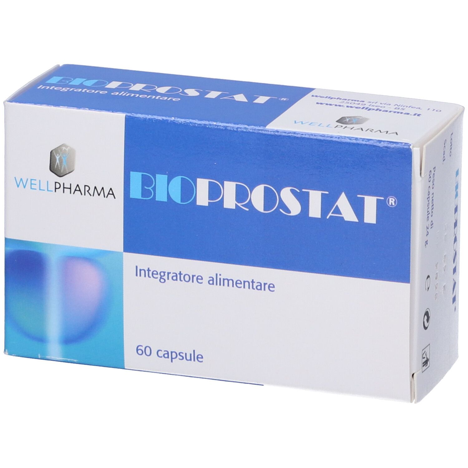 Primo piano della confezione "BIOPROSTAT". Scatola blu con testo bianco. Contiene 60 capsule. Marchio: Wellpharma.