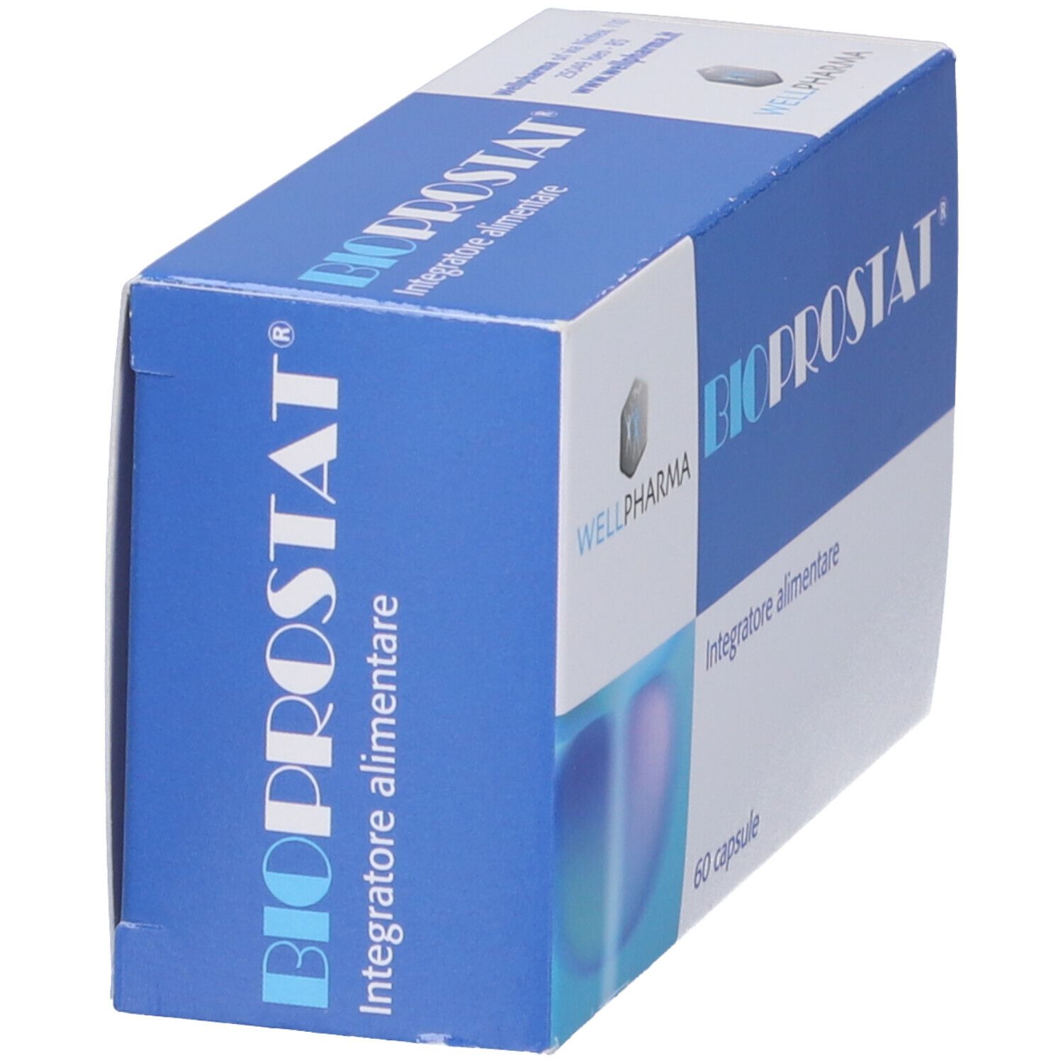 Scatola "BIOPROSTAT" in vista obliqua. Confezione blu con testo bianco. Contiene 60 capsule. Marchio: Wellpharma.