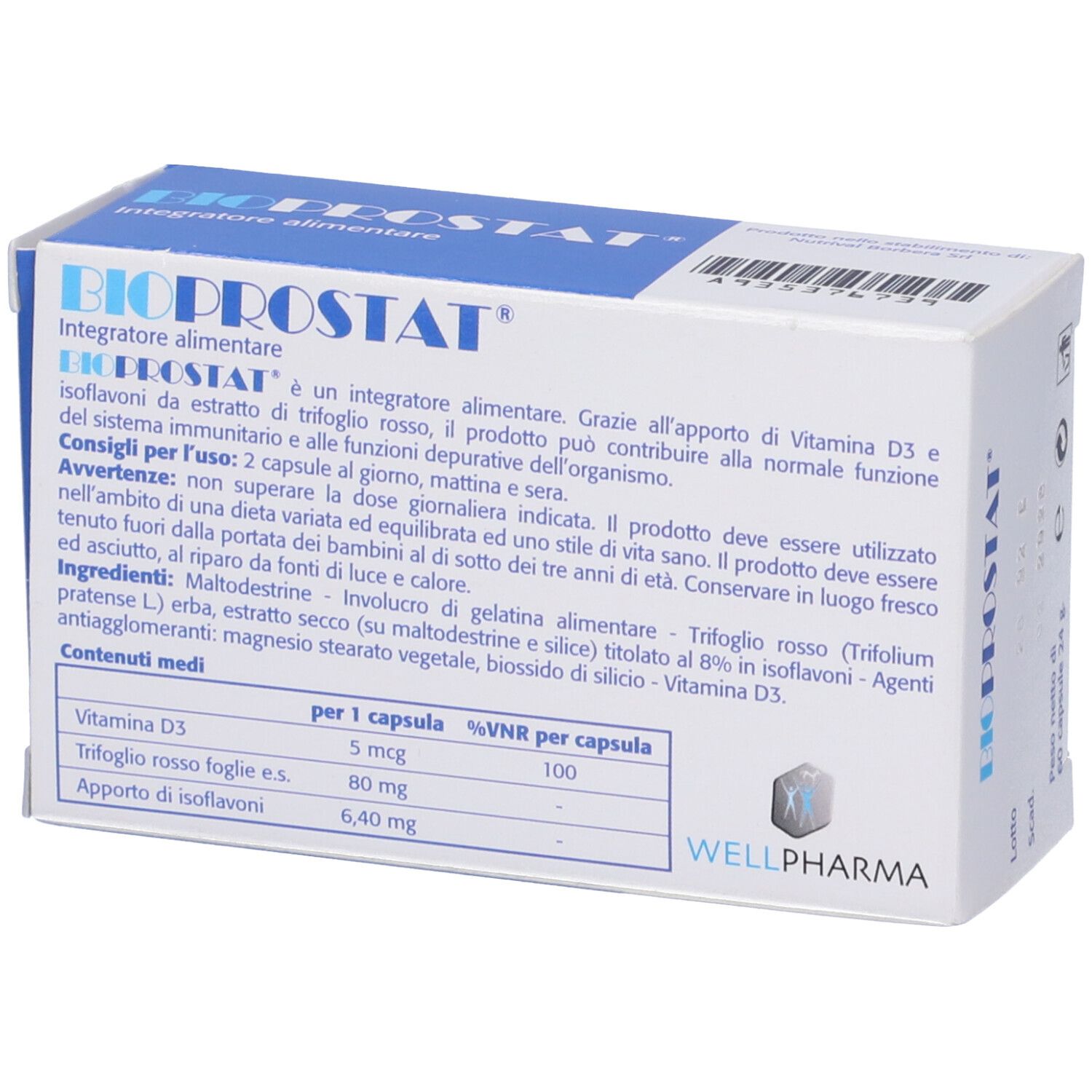 Retro della confezione "BIOPROSTAT". Contiene informazioni sugli ingredienti e il dosaggio. Marchio: Wellpharma.