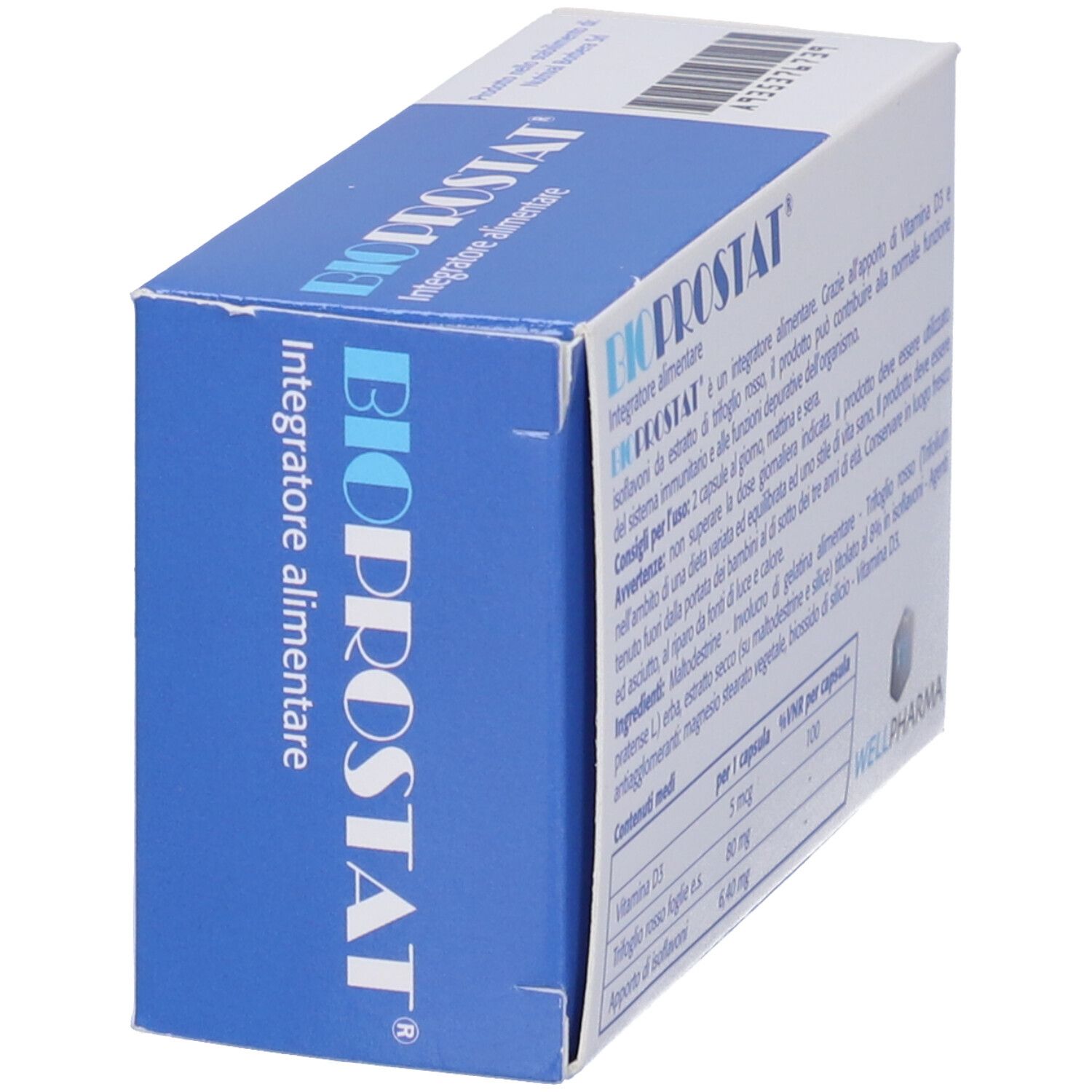 Scatola "BIOPROSTAT" in vista obliqua. Confezione blu con testo bianco. Marchio: Wellpharma. Contiene 60 capsule.