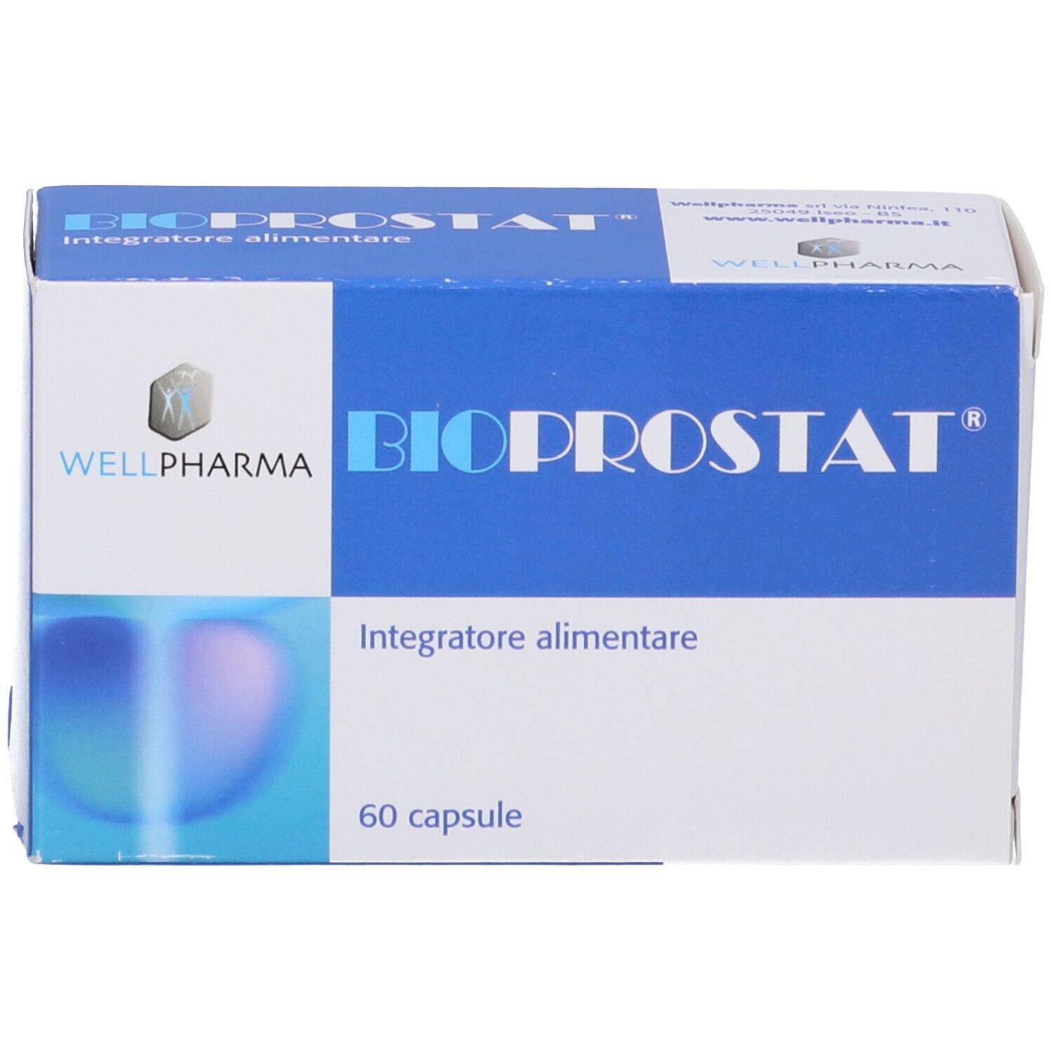 Primo piano della confezione "BIOPROSTAT". Scatola blu con testo bianco. Contiene 60 capsule. Marchio: Wellpharma.