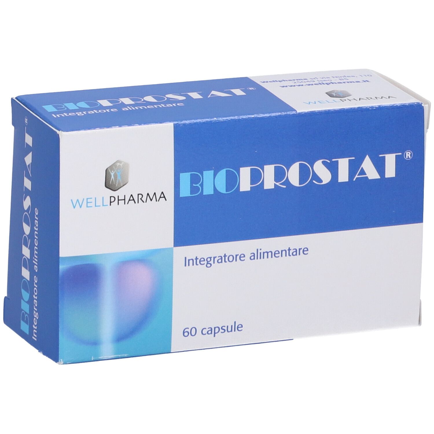 Scatola blu con "BIOPROSTAT" e "Integratore alimentare". Contiene 60 capsule. Marchio: Wellpharma.