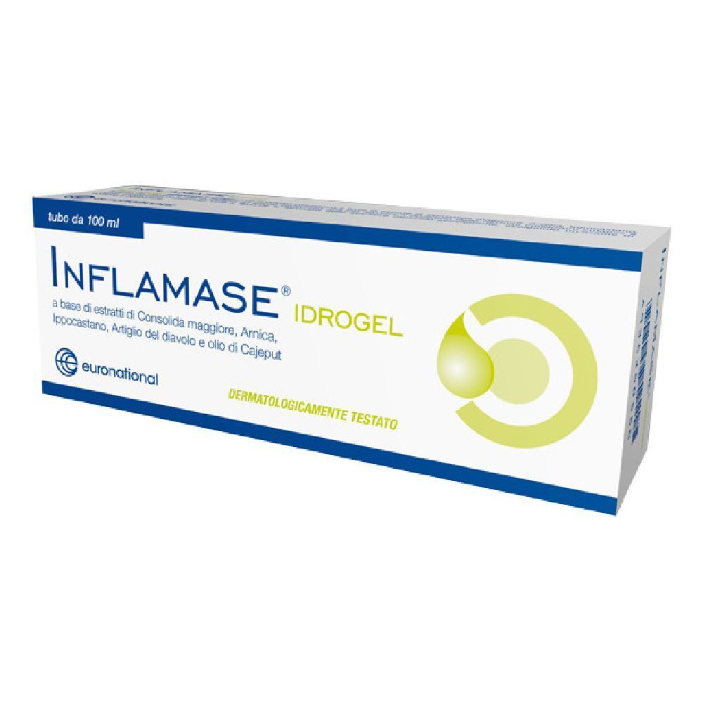 Scatola bianca con nome del prodotto e dettagli verdi. Scritto: Inflamase Idrogel. Dermatologicamente testato.