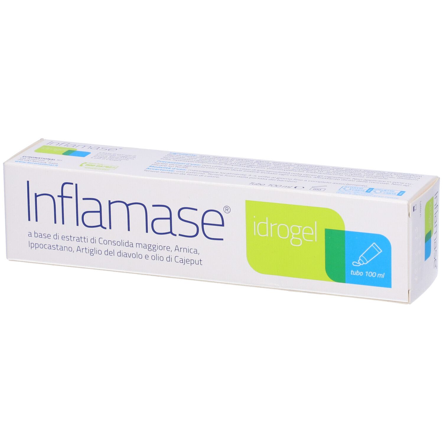 Scatola bianca con nome del prodotto e dettagli verdi. Scritto: Inflamase Idrogel. Contiene estratti.