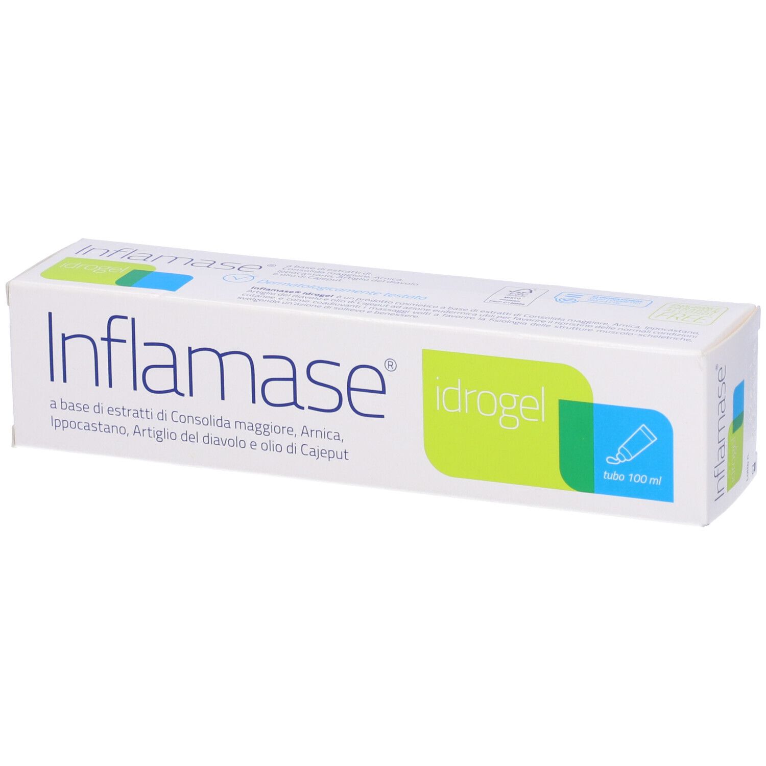 Scatola bianca con nome del prodotto e dettagli verdi. Scritto: Inflamase Idrogel. Contiene estratti.
