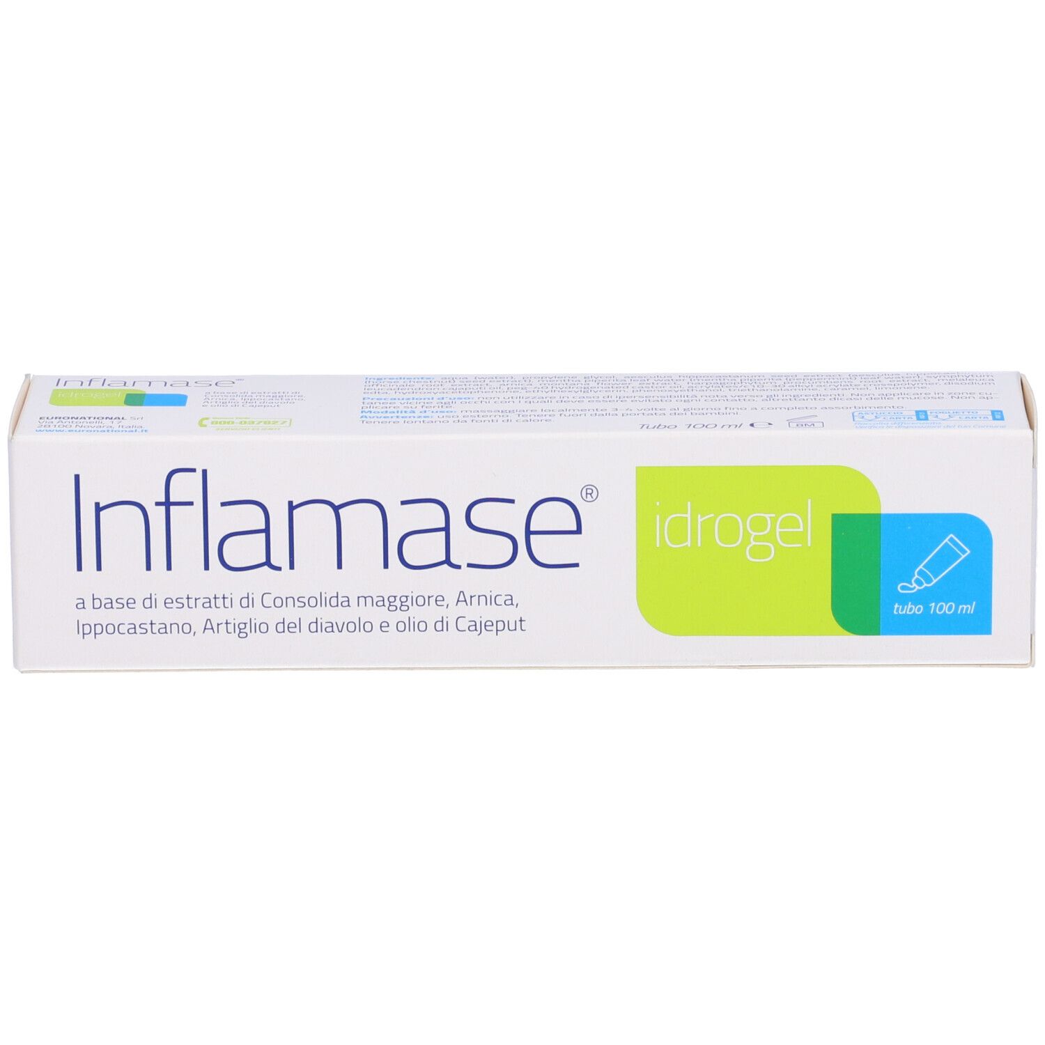 Scatola bianca con nome del prodotto e dettagli verdi. Scritto: Inflamase Idrogel. Contiene estratti.