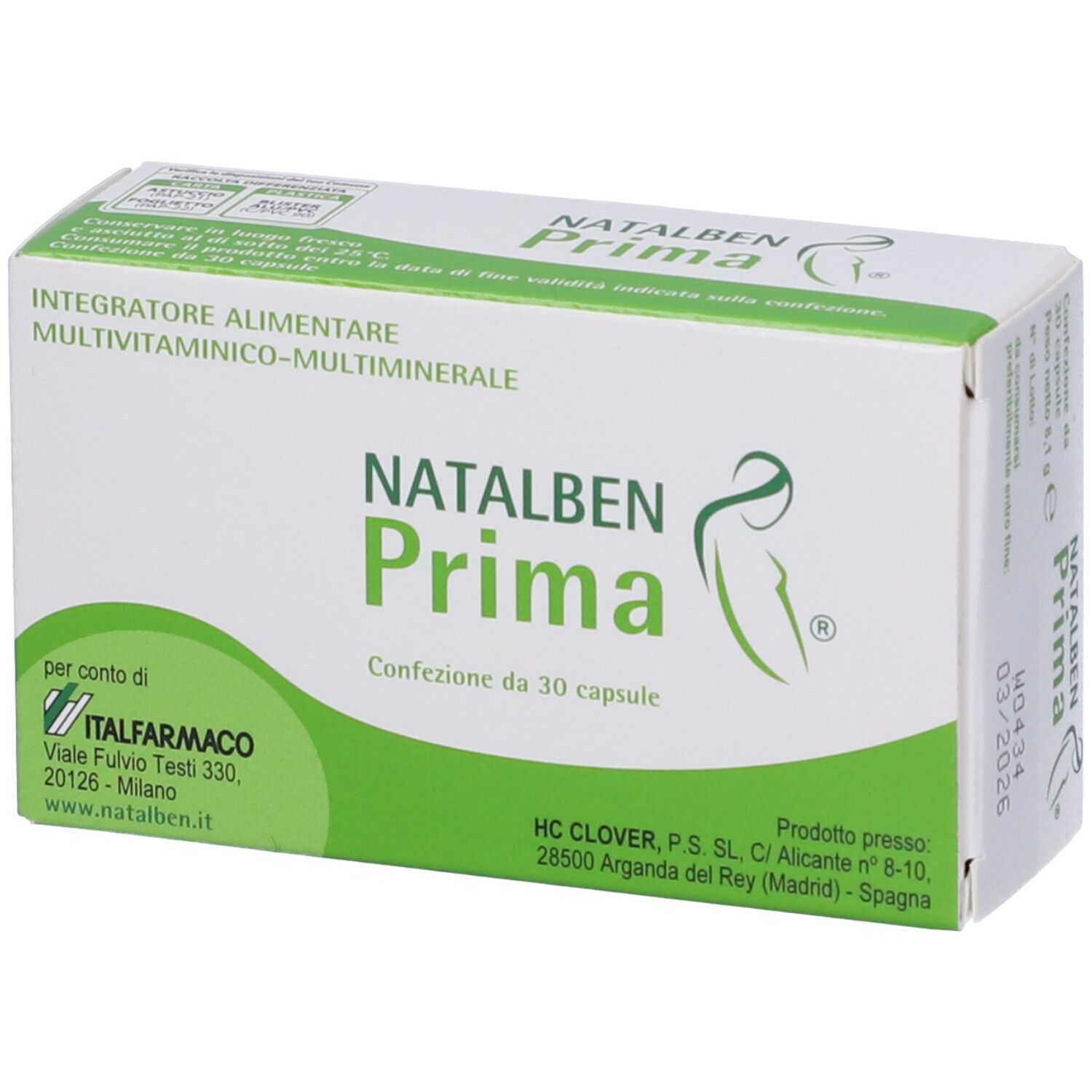 Scatola Natalben Prima. Confezione verde e bianca con nome e logo. Contiene 30 capsule.