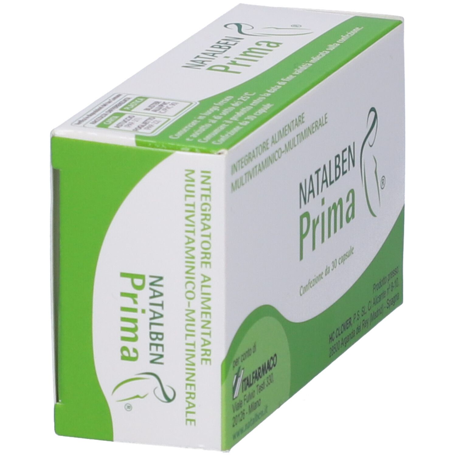 Scatola Natalben Prima, angolata. Confezione verde e bianca con nome e logo. Contiene 30 capsule.