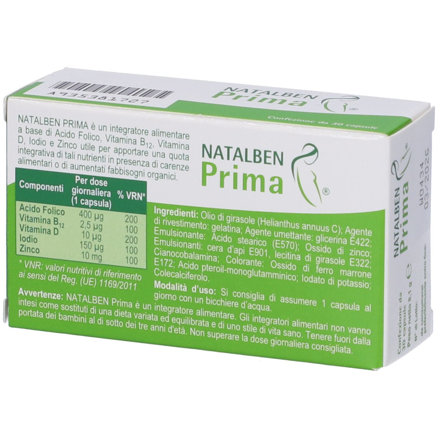 Scatola Natalben Prima. Retro con ingredienti e informazioni nutrizionali. Contiene 30 capsule.