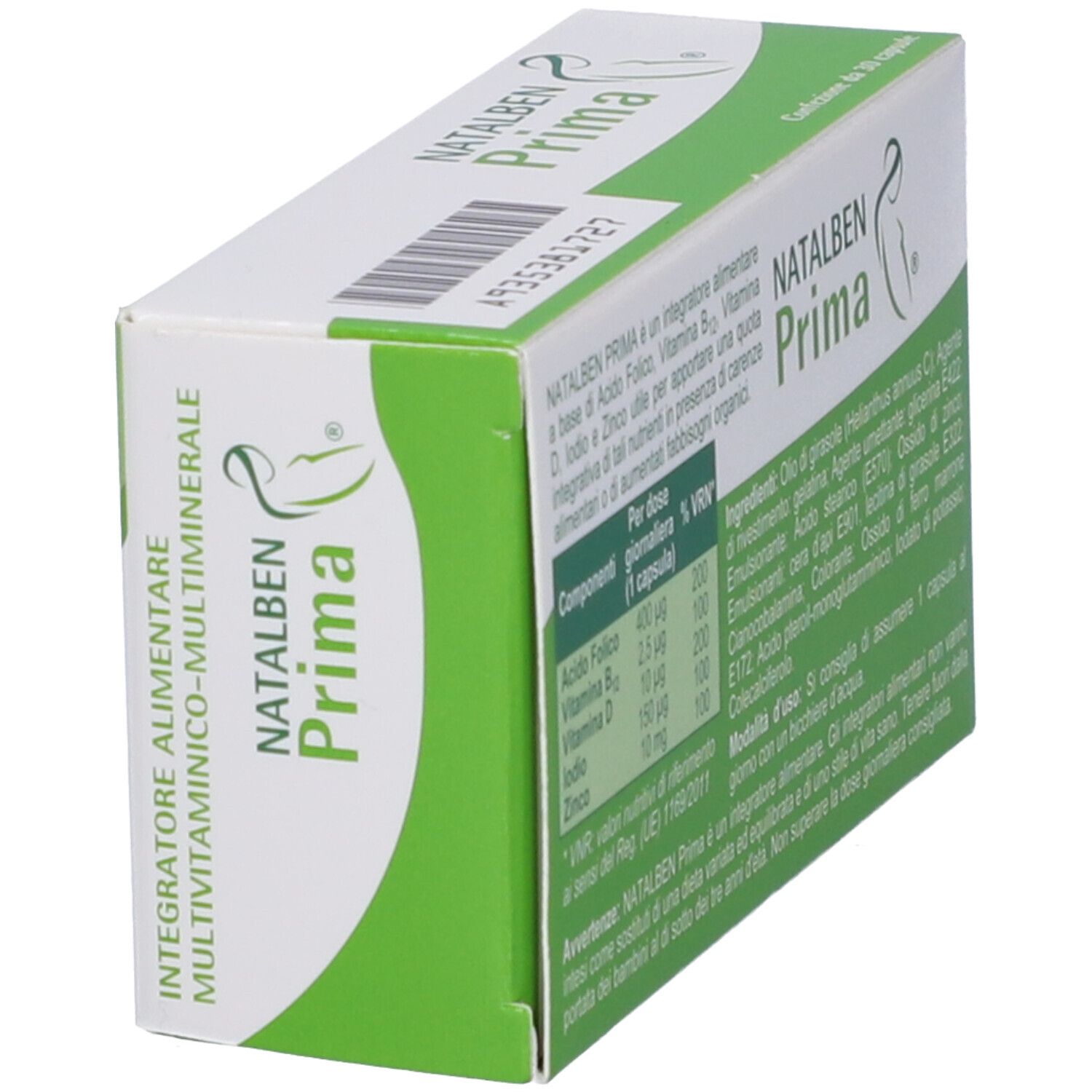 Scatola Natalben Prima, angolata. Retro con ingredienti e informazioni nutrizionali. Contiene 30 capsule.
