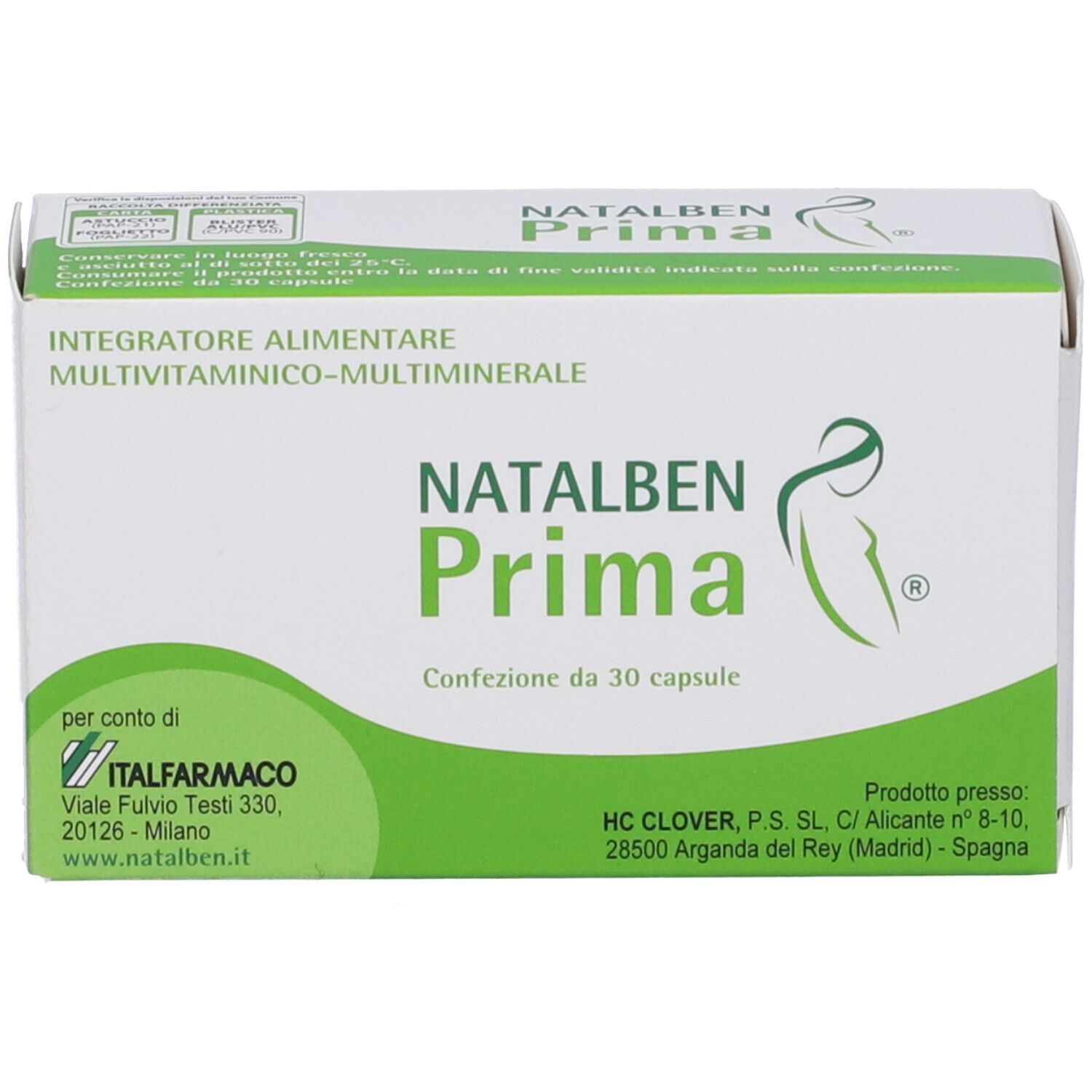 Scatola Natalben Prima. Confezione verde e bianca con nome e logo. Contiene 30 capsule.
