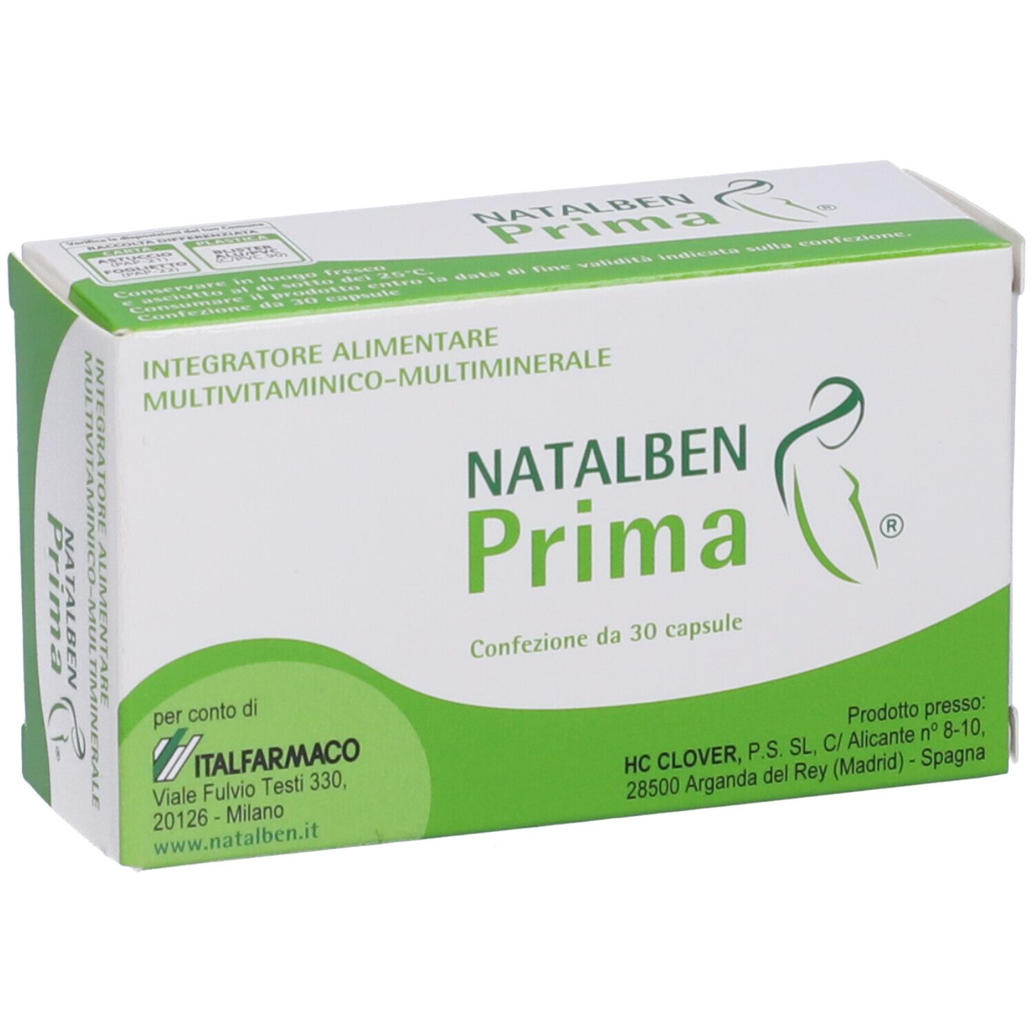 Scatola Natalben Prima. Confezione verde e bianca con nome e logo. Contiene 30 capsule.