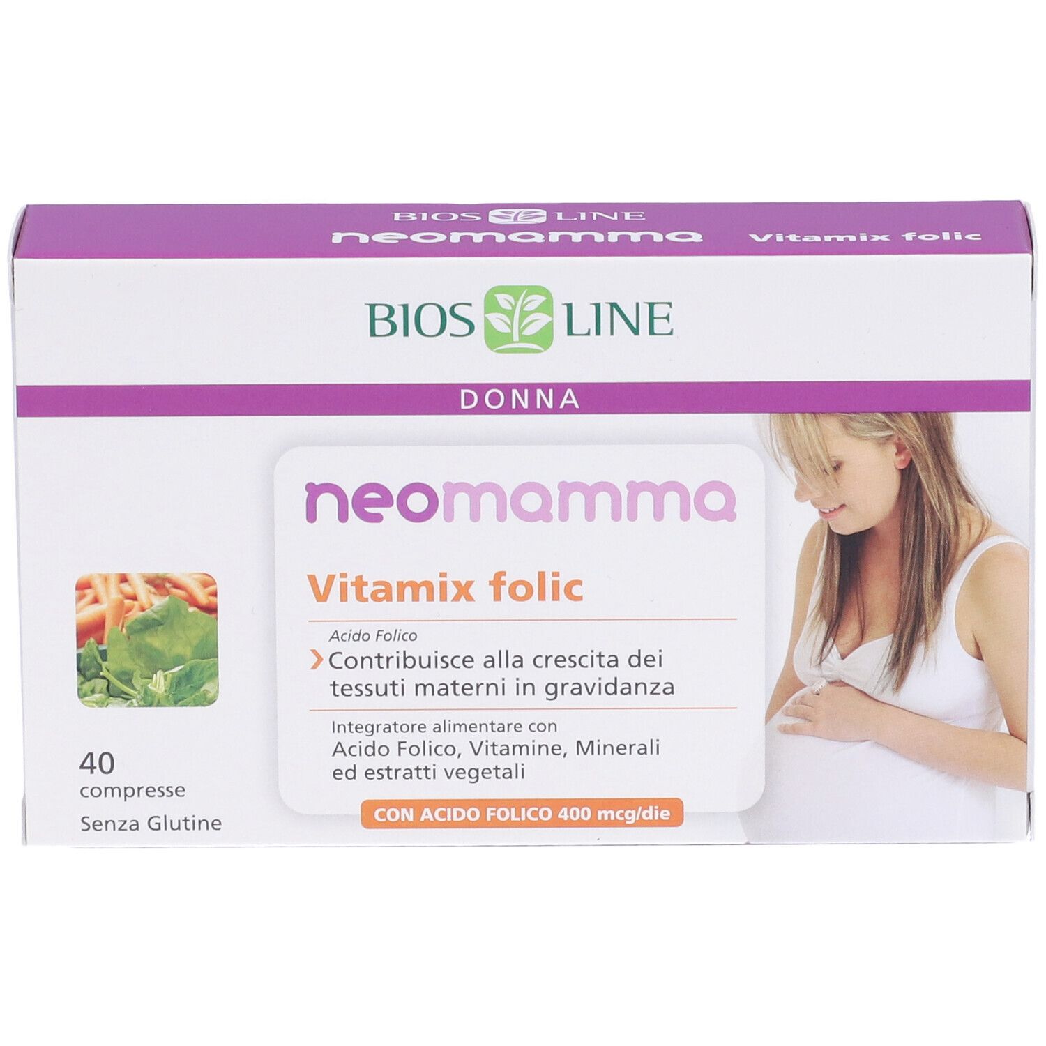 Scatola di BIOS LINE Neomamma Vitamix Folic. Contiene 40 compresse. Scritto: Vitamix folic, Donna.