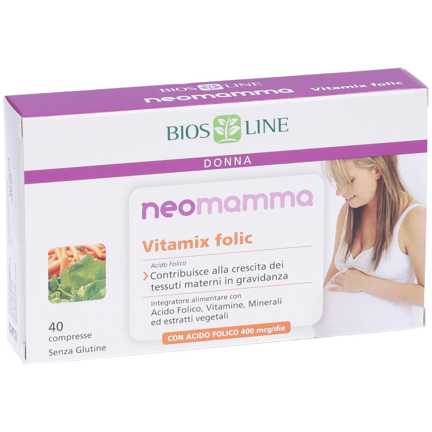 Scatola di BIOS LINE Neomamma Vitamix Folic. Contiene 40 compresse. Scritto: Vitamix folic, Donna.