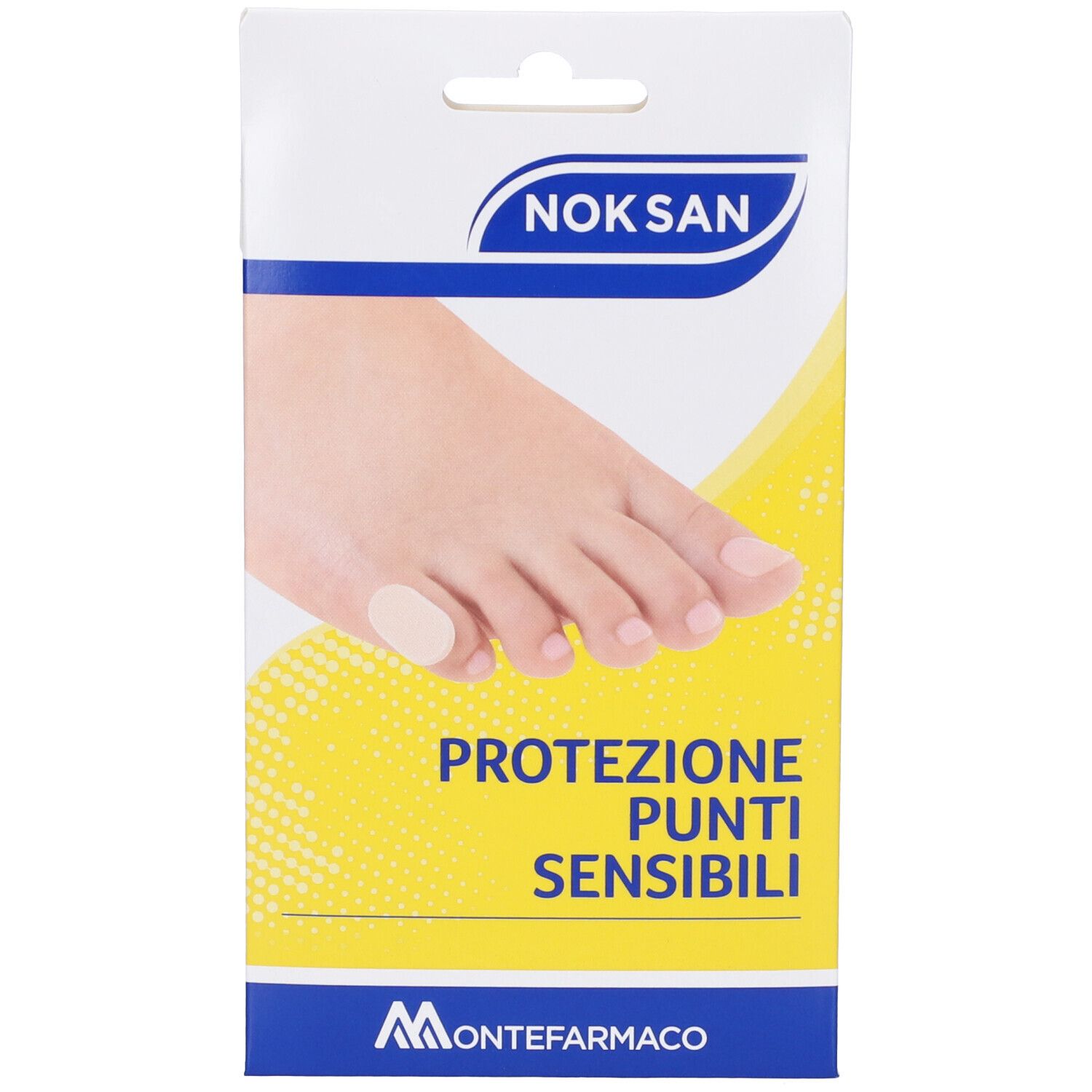 Confezione Nok San. Kit Protezione Punti Sensibili. Piede con cerotto. Sfondo giallo.