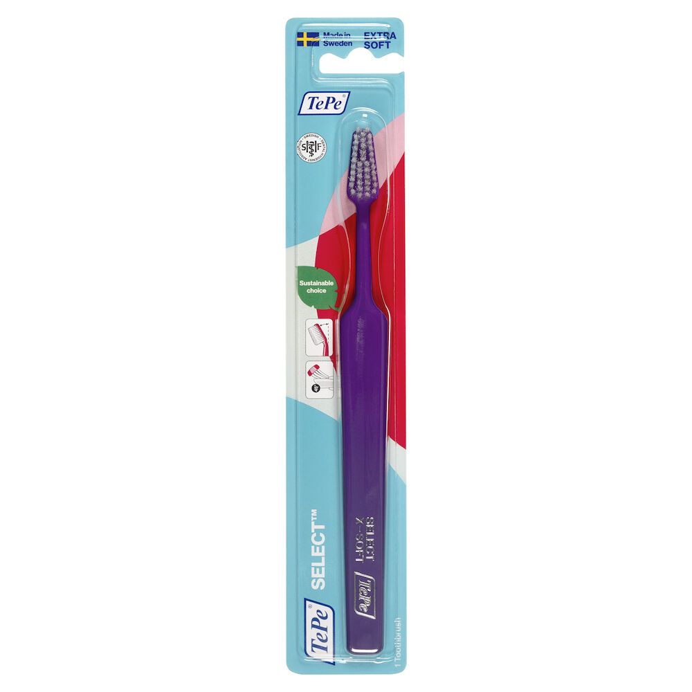 Spazzolino TePe Select X-Soft, manico viola, setole blu, in confezione.