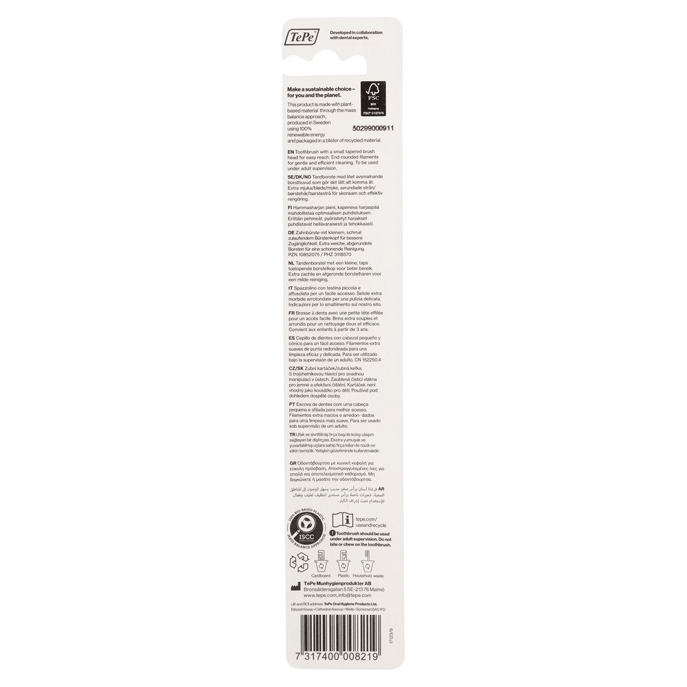 Retro della confezione dello spazzolino. Testo multilingue. Informazioni sugli ingredienti e il riciclo. Codice a barre.