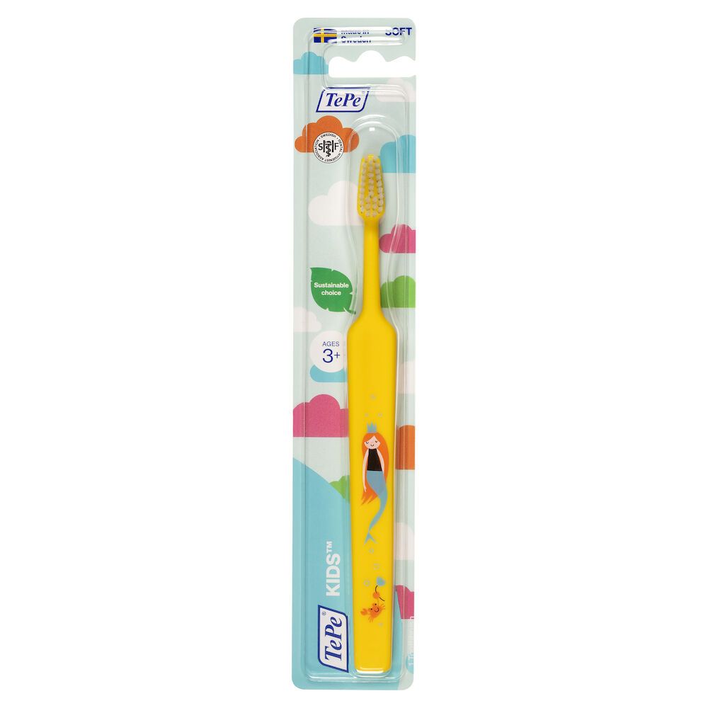 Spazzolino giallo per bambini in confezione. Scritto: TePe Kids, età 3+. Con motivo sirena.