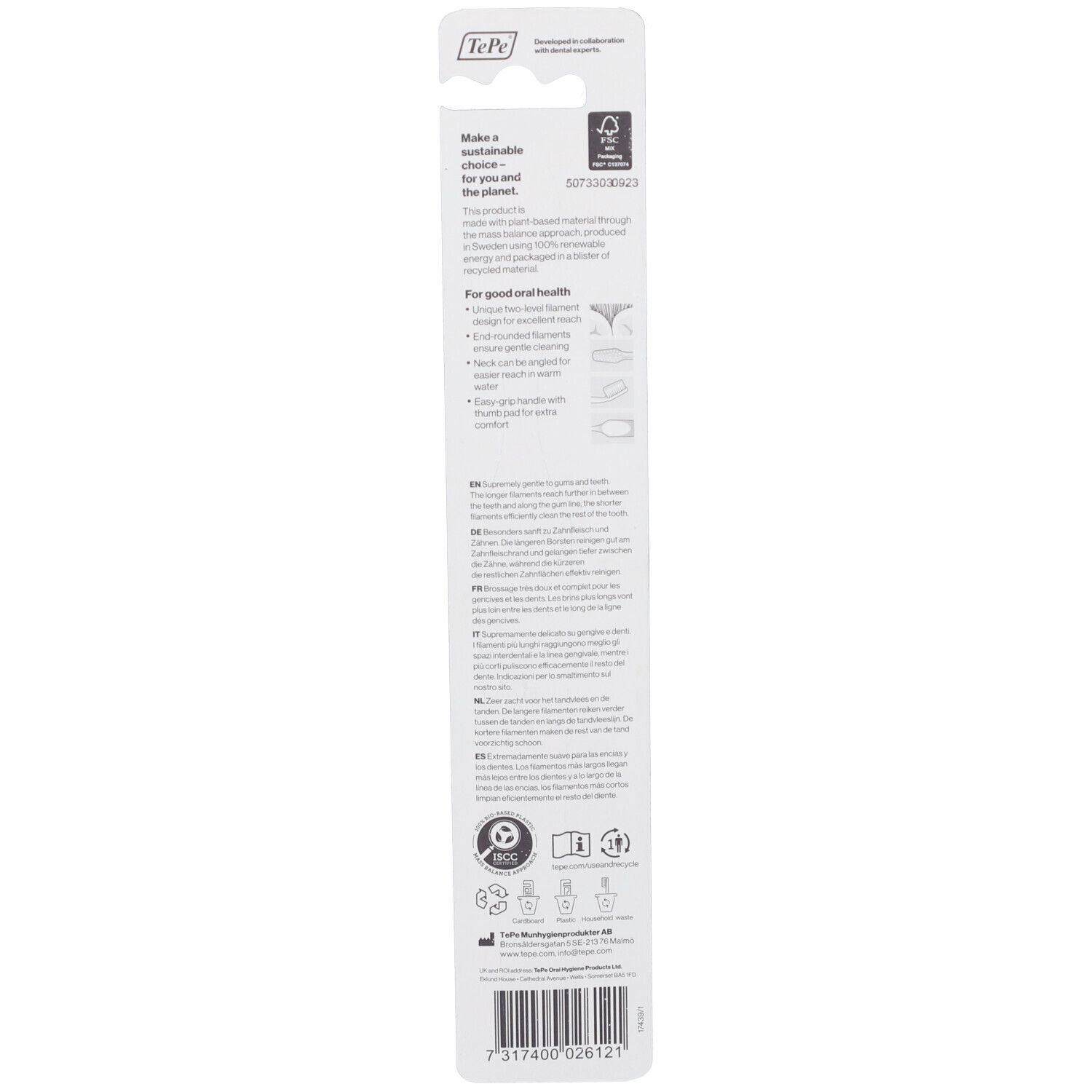 Rückseite der Verpackung der Zahnbürste TePe Supreme™. Text, Logos und Informationen zur Nachhaltigkeit.