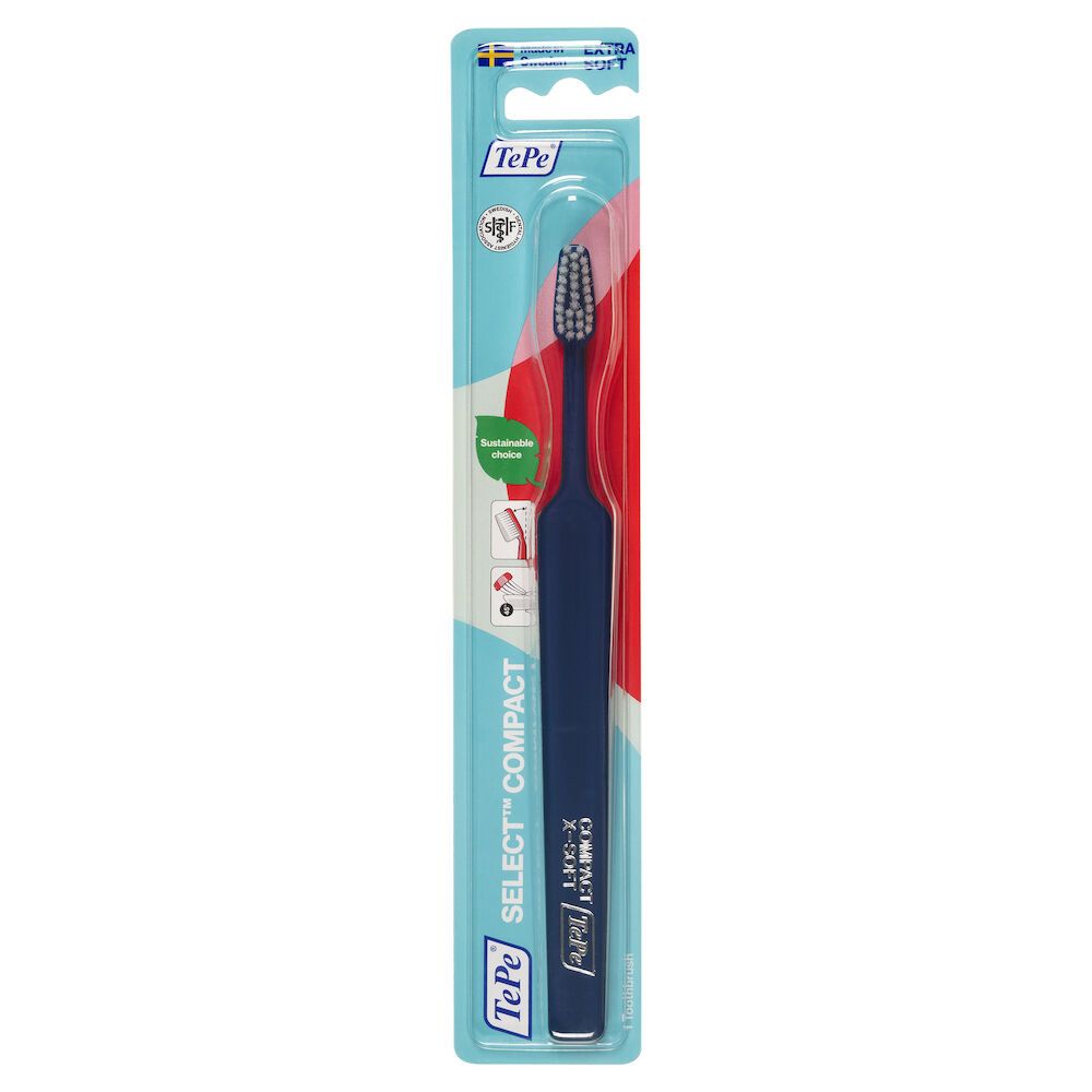 Spazzolino blu con testina grigia in confezione. Marchio TePe Select Compact.