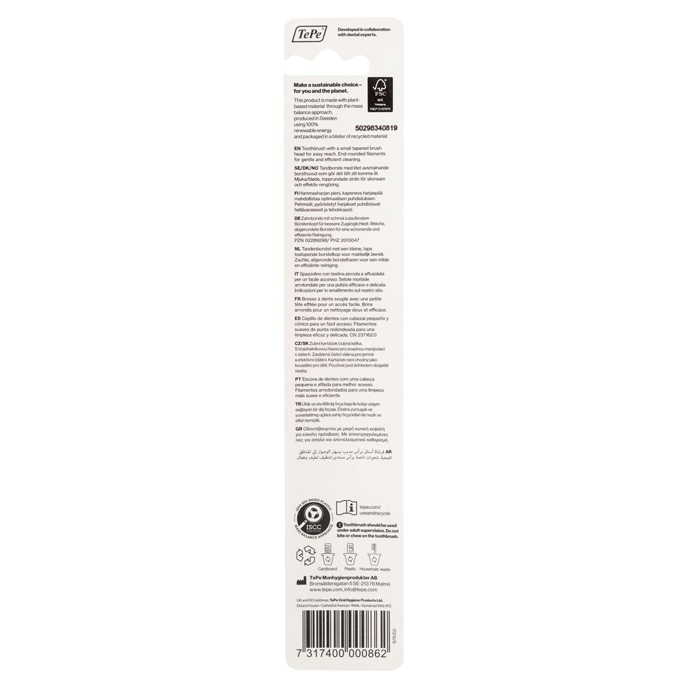 Retro della confezione. Testo multilingue, codice a barre, loghi, istruzioni per il riciclo.