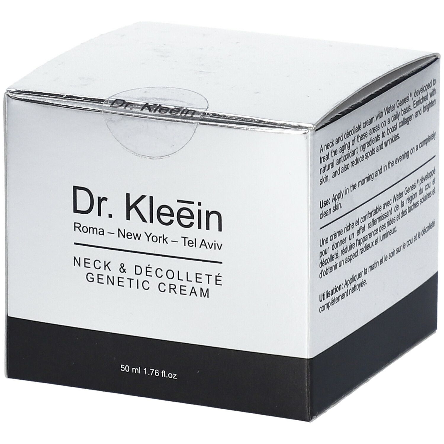 Confezione di Dr. Kleein NECK & DÉCOLLETÉ GENETIC CREAM. Scatola bianca con base nera. Nome del prodotto e logo ben visibili.