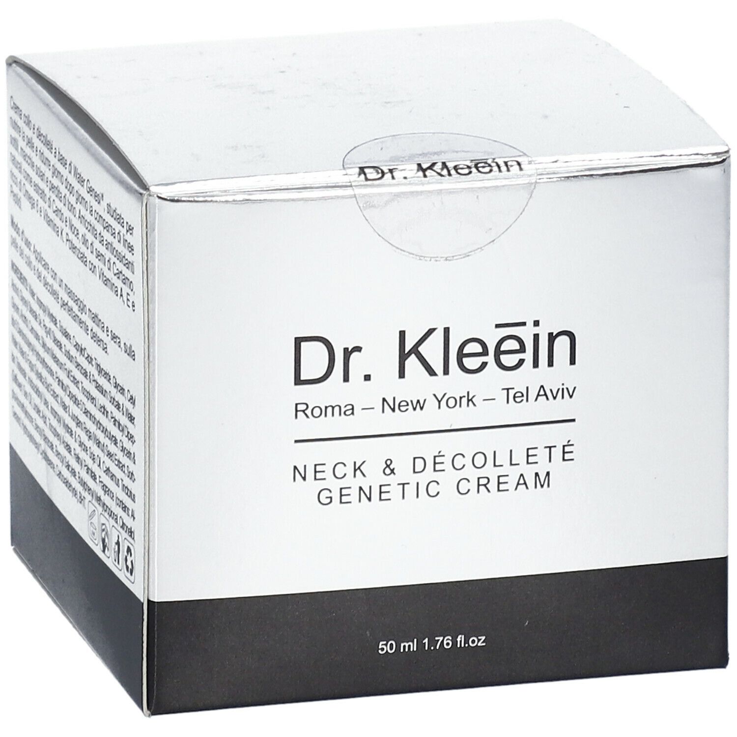Confezione di Dr. Kleein NECK & DÉCOLLETÉ GENETIC CREAM. Nome, logo e volume. Scatola bianca con base nera.