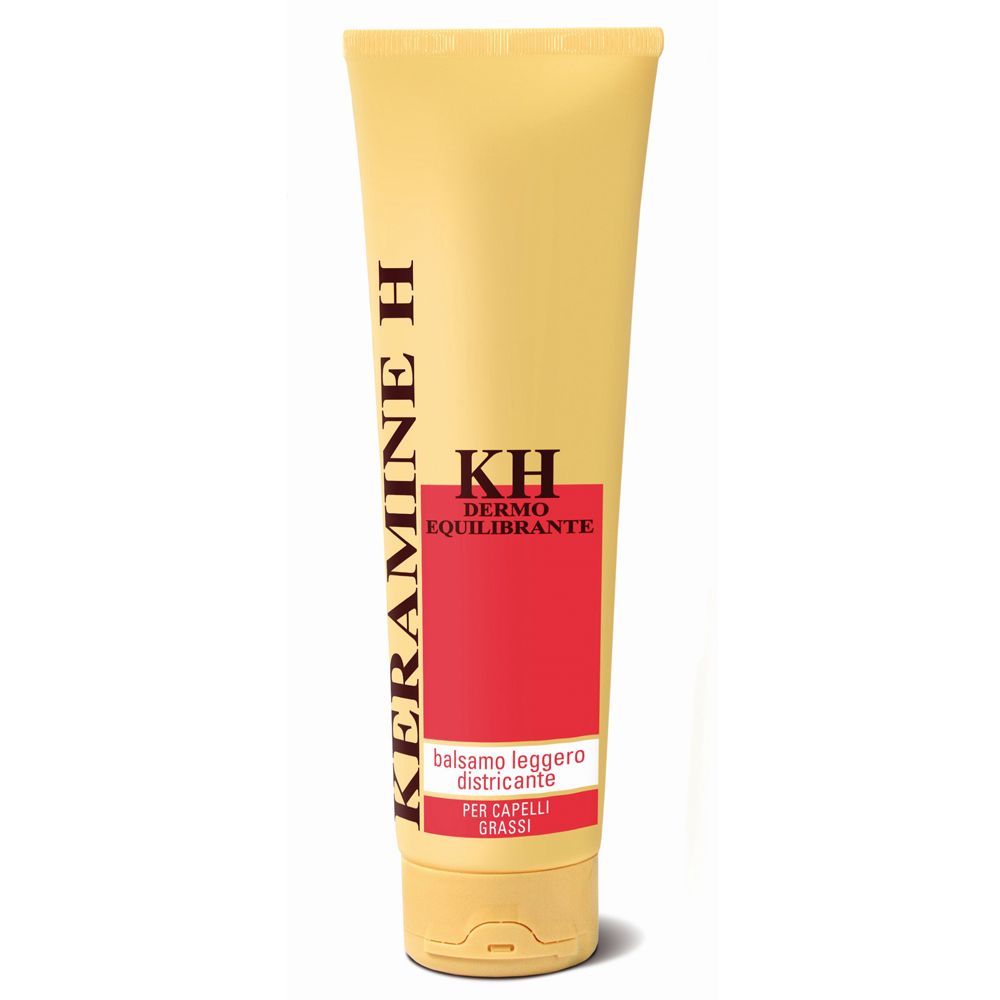 Tubo beige con etichetta rossa. Scritta: Keramine H, KH Dermo Equilibrante, Balsamo leggero districante, Per capelli grassi.