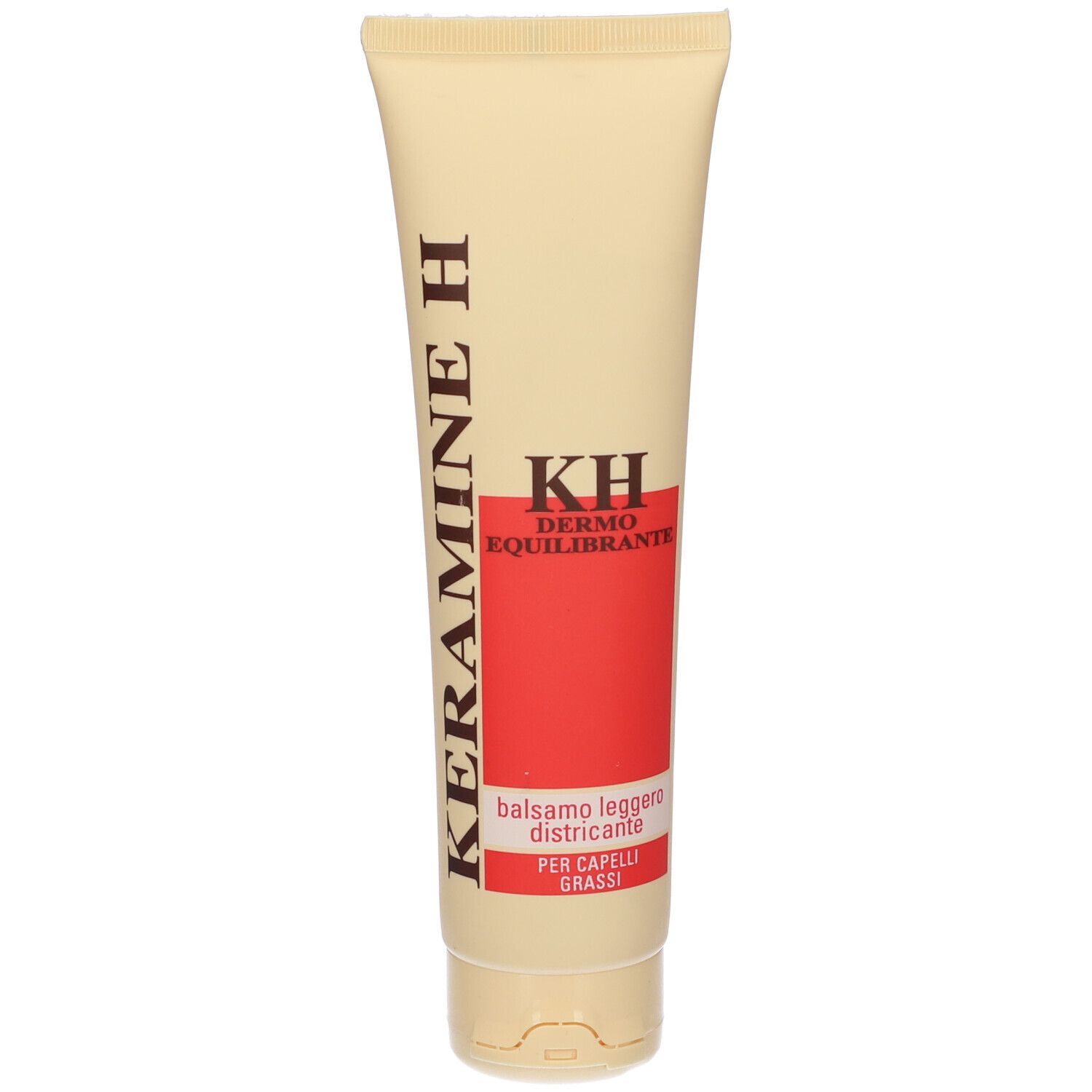 Tubo beige con etichetta rossa. Scritta: Keramine H, KH Dermo Equilibrante, Balsamo leggero districante, Per capelli grassi.