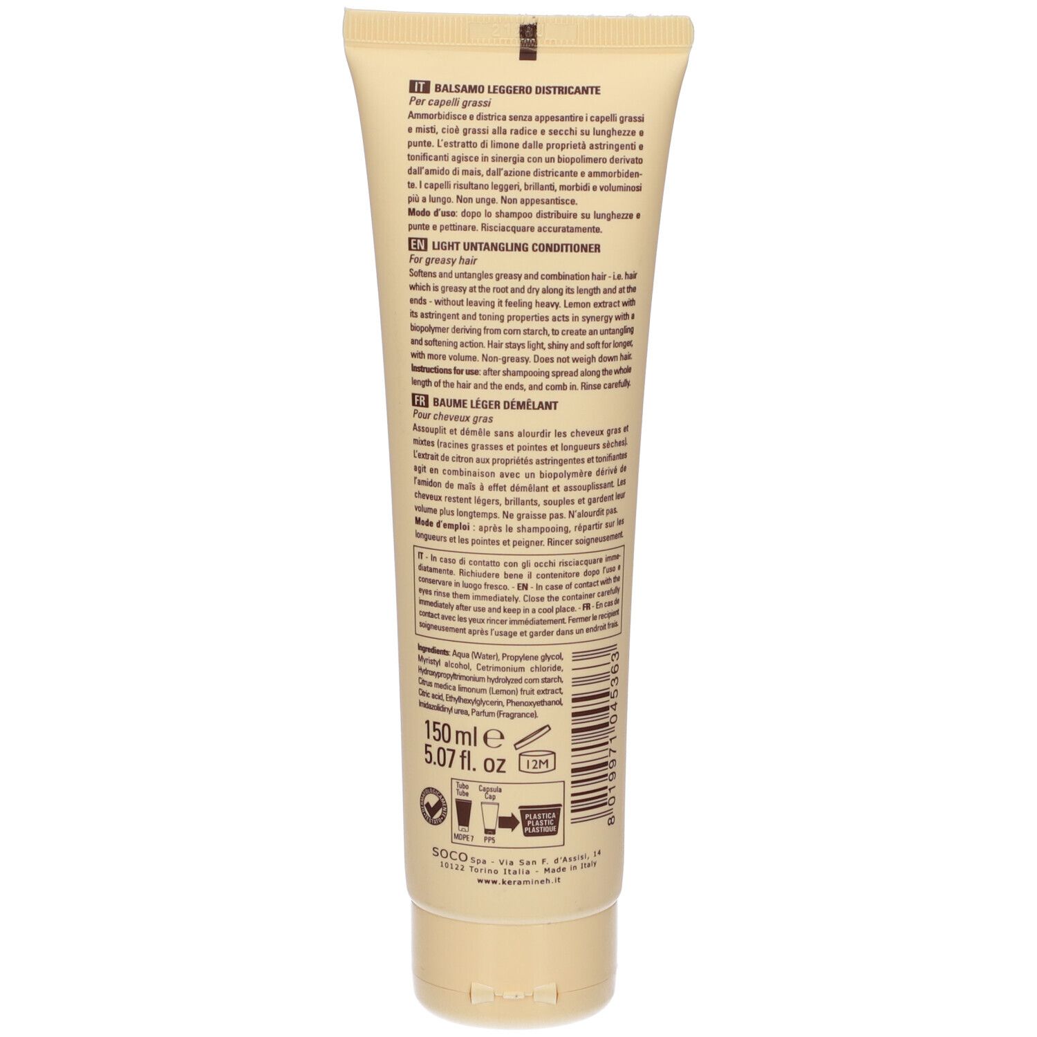 Retro di un tubo. Testo multilingue. Contiene informazioni sugli ingredienti e il volume: 150 ml, 5.07 fl. oz.