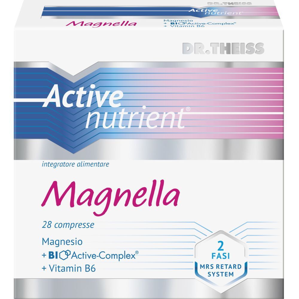 Scatola di Active Nutrient Magnella. Contiene 28 compresse. Con magnesio, BioActive-Complex e vitamina B6. Sistema MRS Retard.