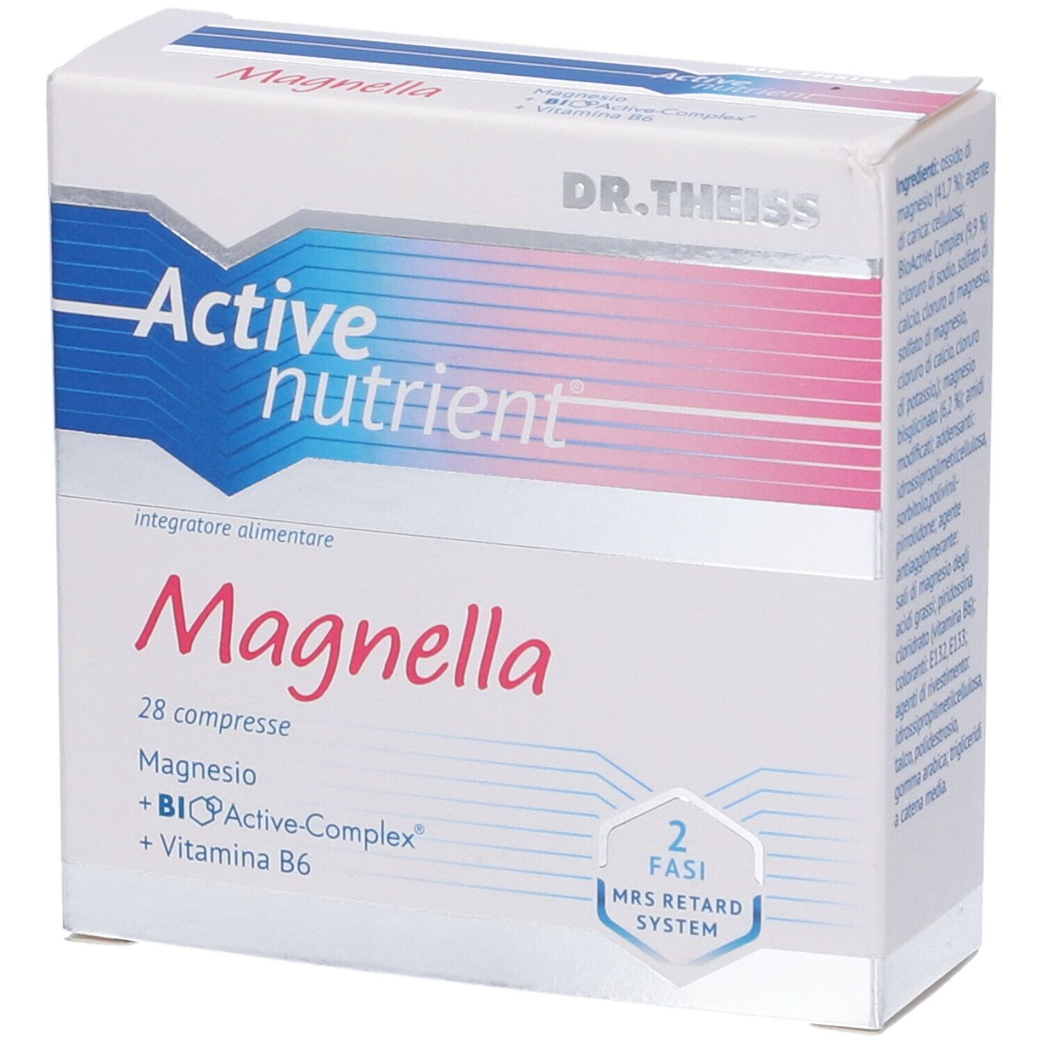 Scatola di Active Nutrient Magnella. Contiene 28 compresse. Con magnesio, BioActive-Complex e vitamina B6. Sistema MRS Retard.
