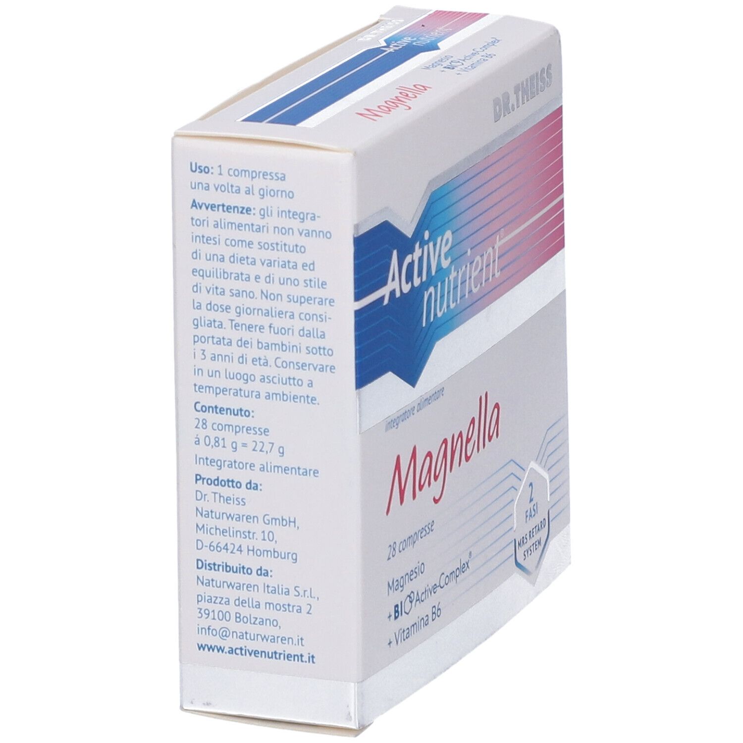 Vista laterale della confezione Active Nutrient Magnella. Contiene informazioni su uso, ingredienti e produttore.
