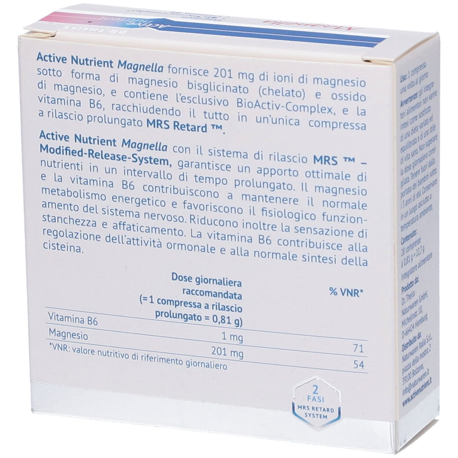 Retro della confezione Active Nutrient Magnella. Contiene informazioni su ingredienti e dosaggio.