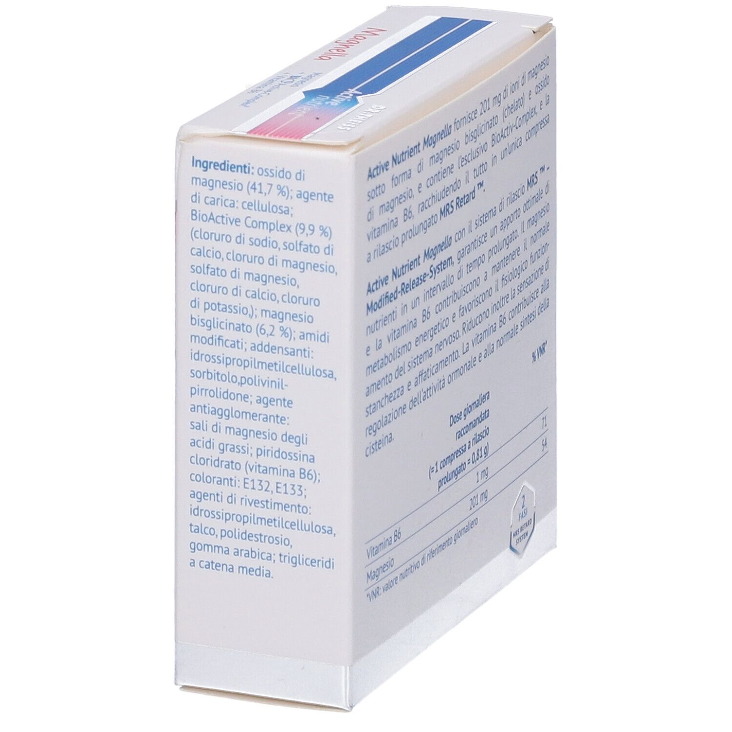 Vista laterale della confezione Active Nutrient Magnella. Contiene informazioni su ingredienti e dosaggio.
