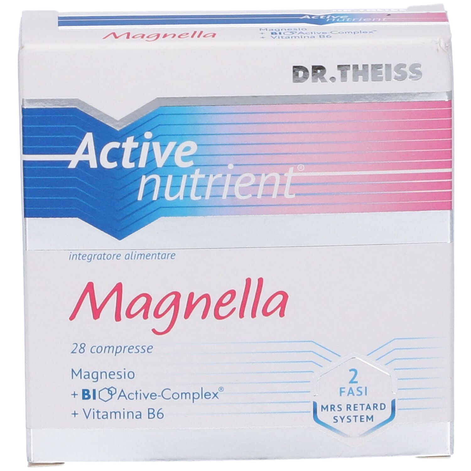 Scatola di Active Nutrient Magnella. Contiene 28 compresse. Con magnesio, BioActive-Complex e vitamina B6. Sistema MRS Retard.