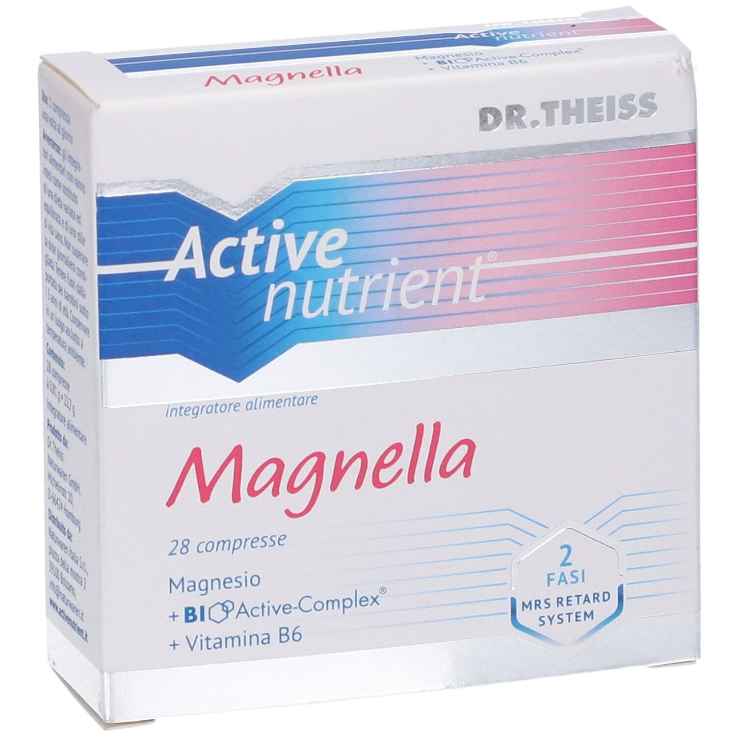 Scatola di Active Nutrient Magnella. Contiene 28 compresse. Con magnesio, BioActive-Complex e vitamina B6. Sistema MRS Retard.