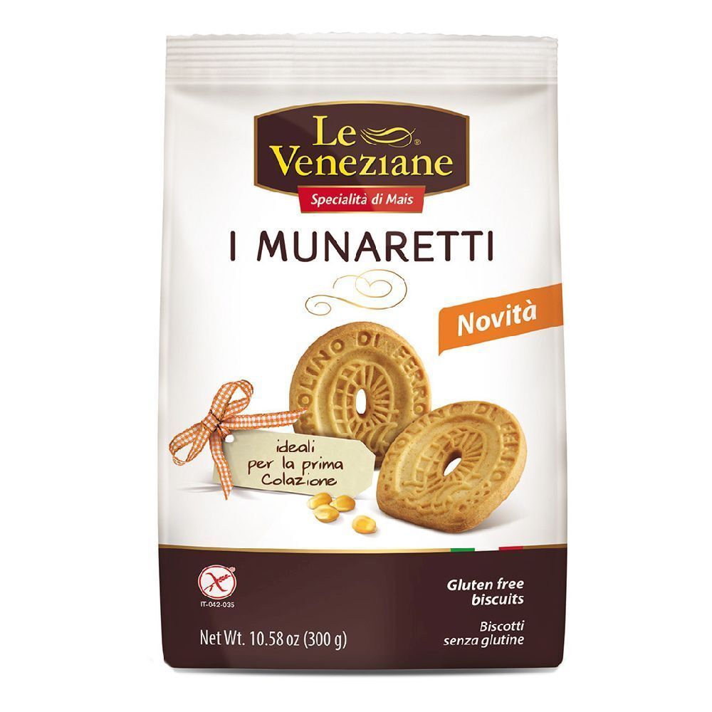Confezione Le Veneziane I Munaretti. Biscotti senza glutine. Scritta: I Munaretti, specialità di mais, 300g. Con due biscotti.