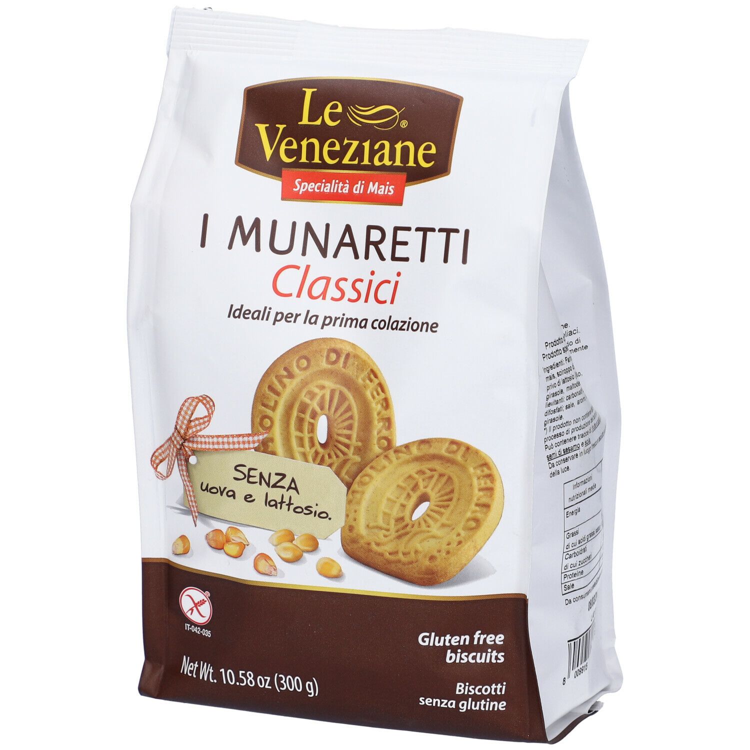 Confezione Le Veneziane I Munaretti Classici. Biscotti senza glutine. Scritta: I Munaretti, senza uova e lattosio. 300g.