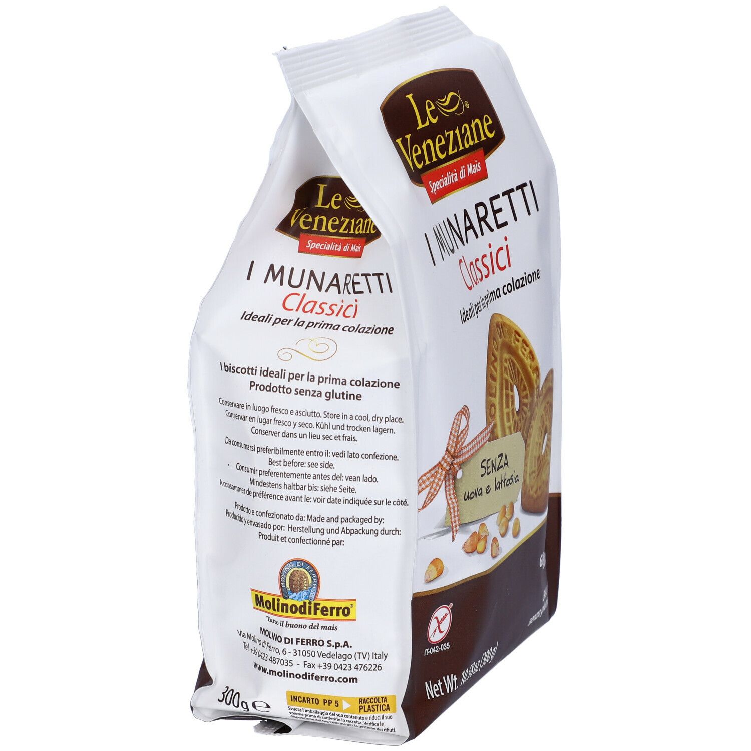 Confezione Le Veneziane I Munaretti Classici. Biscotti senza glutine. Scritta: I Munaretti, senza uova e lattosio. 300g. Vista laterale.