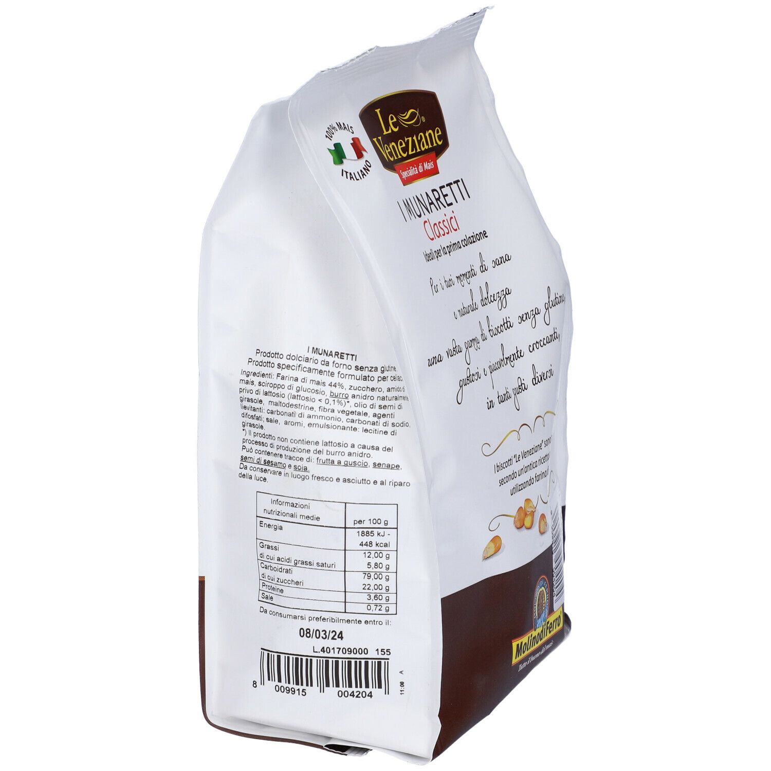 Retro confezione Le Veneziane I Munaretti Classici. Testo: I Munaretti, senza glutine, per la prima colazione. 300g. Vista dettagliata.