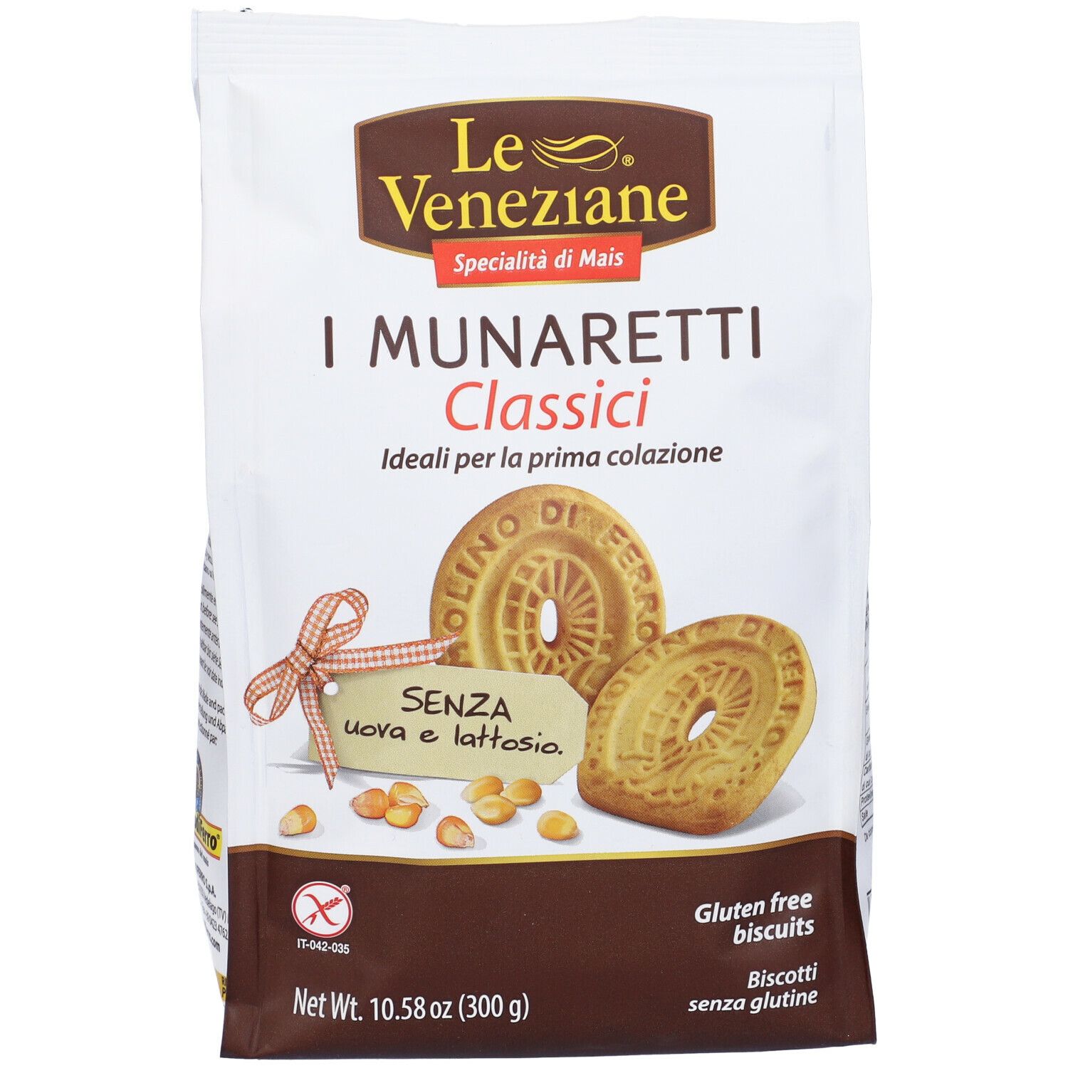 Confezione Le Veneziane I Munaretti Classici. Biscotti senza glutine. Scritta: I Munaretti, senza uova e lattosio. 300g.