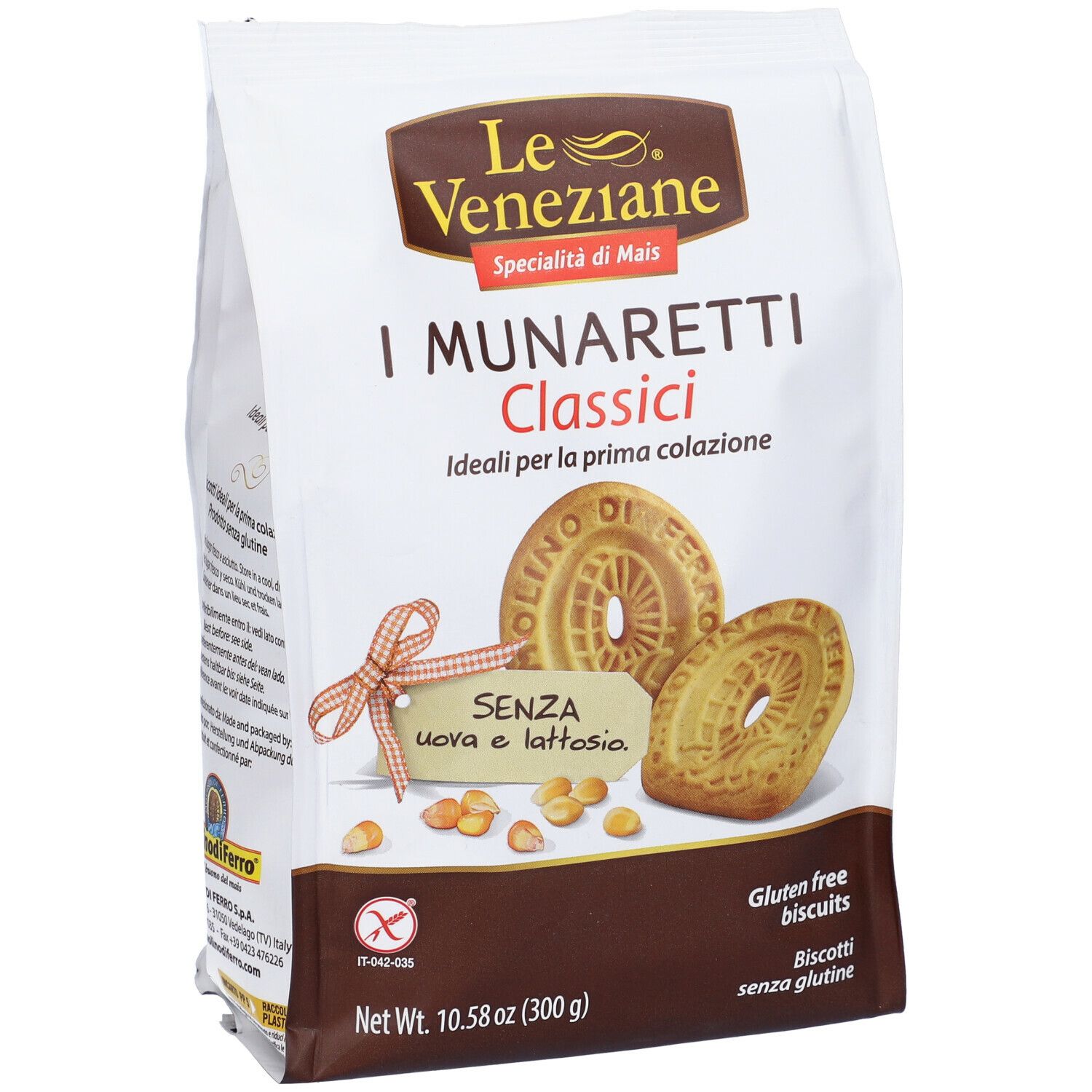 Confezione Le Veneziane I Munaretti Classici. Biscotti senza glutine. Scritta: I Munaretti, senza uova e lattosio. 300g.